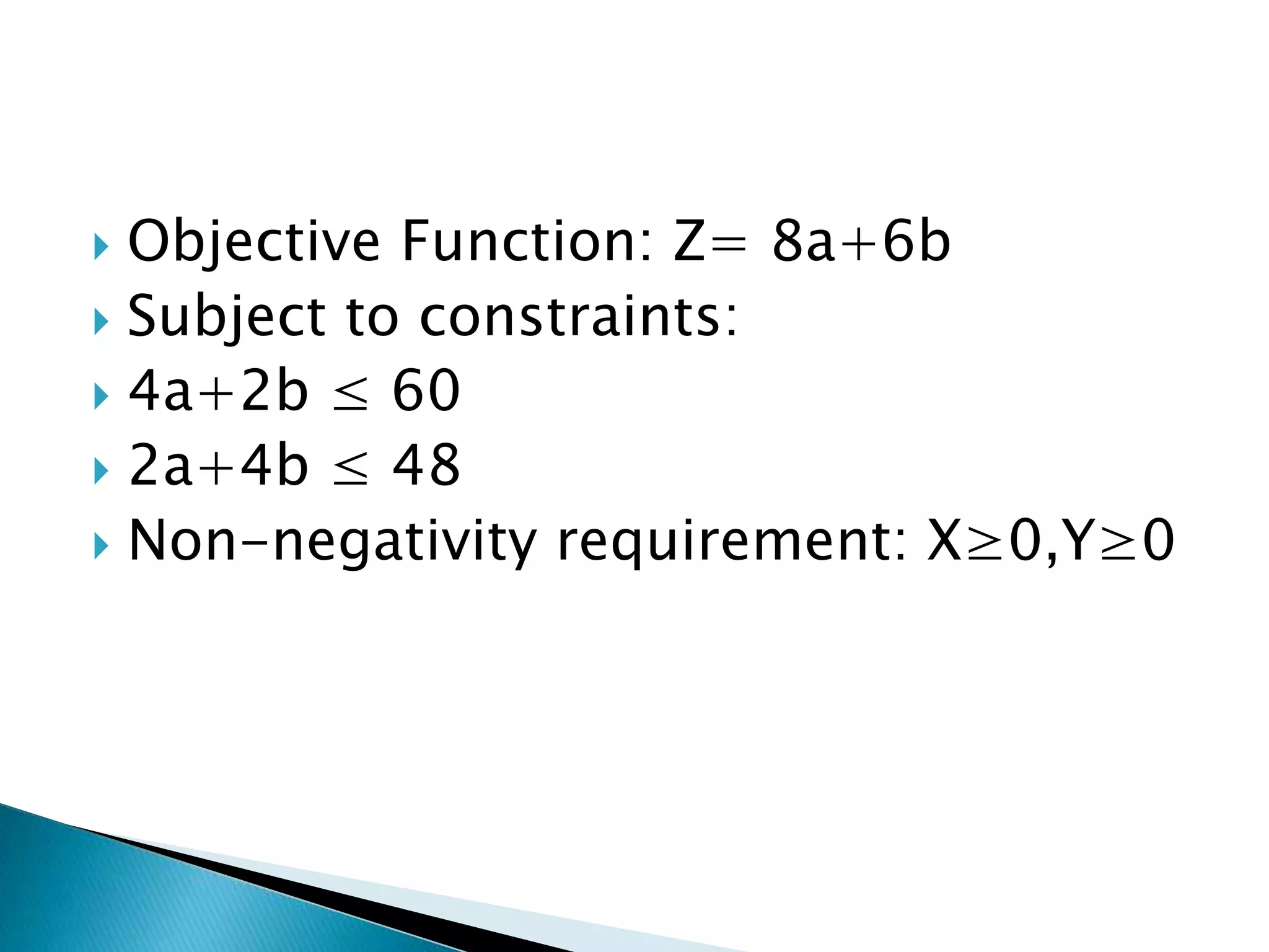  Objective Function: Z= 8a+6b
 Subject to constraints:
 4a+2b ≤ 60
 2a+4b ≤ 48
 Non-negativity requirement: X≥0,Y≥0
 