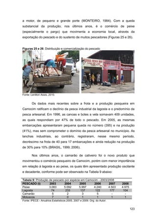 a motor, de pequeno e grande porte (MONTEIRO, 1984). Com a queda
substancial da produção, nos últimos anos, é o comércio de peixe
(especialmente o pargo) que movimenta a economia local, através da
exportação do pescado e do sustento de muitos pescadores (Figuras 25 e 26).


Figuras 25 e 26: Distribuição e comercialização do pescado




Fonte: Lenilton Assis, 2010.


        Os dados mais recentes sobre a frota e a produção pesqueira em
Camocim ratificam o declínio da pesca industrial da lagosta e o predomínio da
pesca artesanal. Em 1996, as canoas e botes a vela somavam 409 unidades,
as quais respondiam por 47% de todo o pescado. Em 2005, as mesmas
embarcações apresentaram pequena queda no número (395) e na produção
(41%), mas sem comprometer o domínio da pesca artesanal no município. As
lanchas industriais, ao         contrário, registraram, nesse mesmo      período,
decréscimo na frota de 40 para 17 embarcações e ainda redução na produção
de 30% para 10% (BRASIL, 1999; 2006).

        Nos últimos anos, o camarão de cativeiro foi o novo produto que
movimentou o comércio pesqueiro de Camocim, porém com menor importância
em relação à lagosta e ao peixe, os quais têm apresentado produção oscilante
e decadente, conforme pode ser observado na Tabela 9 abaixo:

Tabela 9: Produção de pescado por espécie em Camocim - 2003/2008
PESCADO (t)        2003       2004       2005     2006       2007        2008
Peixe              3.083     5.092      5.997     4.240     4.503        4.975
Lagosta              74       233        137       122       177          104
Camarão              5         2           3        5          -           -
Moluscos             7         0           1        1         1            1
Fonte: IPECE - Anuários Estatísticos 2005, 2007 e 2009. Org. do Autor.


                                                                                 123
 