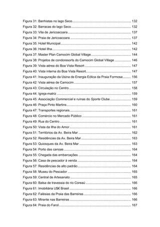 Figura 31: Banhistas no lago Seco................................................................. 132
Figura 32: Barracas do lago Seco .................................................................. 132
Figura 33: Vila de Jericoacoara ...................................................................... 137
Figura 34: Praia de Jericoacoara ................................................................... 137
Figura 35: Hotel Municipal .............................................................................. 142
Figura 36: Hotel Ilha ....................................................................................... 142
Figura 37: Master Plan Camocim Global Village ............................................ 144
Figura 38: Projetos de condoresorts do Camocim Global Village .................. 146
Figura 39: Vista aérea do Boa Vista Resort ................................................... 147
Figura 40: Vista interna do Boa Vista Resort.................................................. 147
Figura 41: Inauguração da Usina de Energia Eólica da Praia Formosa ......... 156
Figura 42: Vista aérea de Camocim ............................................................... 157
Figura 43: Circulação no Centro..................................................................... 158
Figura 44: Igreja-matriz .................................................................................. 159
Figura 45: Associação Commercial e ruínas do Sporte Clube ....................... 159
Figura 46: Praça Pinto Martins ....................................................................... 160
Figura 47: Transportes regionais.................................................................... 161
Figura 48: Comércio no Mercado Público ...................................................... 161
Figura 49: Rua do Centro ............................................................................... 161
Figura 50: Vista da Ilha do Amor .................................................................... 161
Figura 51: Territórios da Av. Beira Mar .......................................................... 162
Figura 52: Residências da Av. Beira Mar ....................................................... 163
Figura 53: Quiosques da Av. Beira Mar ......................................................... 163
Figura 54: Porto das canoas .......................................................................... 164
Figura 55: Chegada das embarcações .......................................................... 164
Figura 56: Casa de pescador à venda ........................................................... 164
Figura 57: Residências de alto padrão ........................................................... 164
Figura 58: Museu do Pescador ...................................................................... 165
Figura 59: Central de Artesanato ................................................................... 165
Figura 60: Balsa de travessia do rio Coreaú .................................................. 166
Figura 61: Imobiliária U$€ Brasil .................................................................... 166
Figura 62: Falésias da Praia das Barreiras .................................................... 166
Figura 63: Mirante nas Barreiras .................................................................... 166
Figura 64: Praia do Farol ................................................................................ 167


                                                                                                             12
 