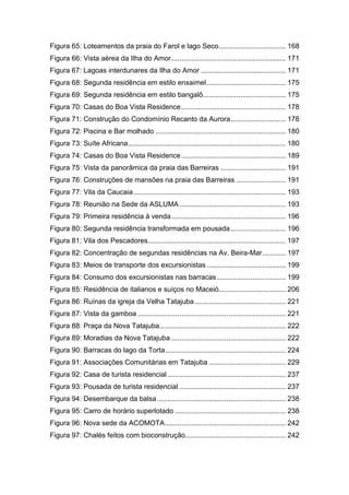 Figura 65: Loteamentos da praia do Farol e lago Seco .................................. 168
Figura 66: Vista aérea da Ilha do Amor .......................................................... 171
Figura 67: Lagoas interdunares da Ilha do Amor ........................................... 171
Figura 68: Segunda residência em estilo enxaimel ........................................ 175
Figura 69: Segunda residência em estilo bangalô.......................................... 175
Figura 70: Casas do Boa Vista Residence ..................................................... 178
Figura 71: Construção do Condomínio Recanto da Aurora ............................ 178
Figura 72: Piscina e Bar molhado .................................................................. 180
Figura 73: Suíte Africana ................................................................................ 180
Figura 74: Casas do Boa Vista Residence ..................................................... 189
Figura 75: Vista da panorâmica da praia das Barreiras ................................. 191
Figura 76: Construções de mansões na praia das Barreiras ......................... 191
Figura 77: Vila da Caucaia ............................................................................. 193
Figura 78: Reunião na Sede da ASLUMA ...................................................... 193
Figura 79: Primeira residência à venda .......................................................... 196
Figura 80: Segunda residência transformada em pousada ............................ 196
Figura 81: Vila dos Pescadores...................................................................... 197
Figura 82: Concentração de segundas residências na Av. Beira-Mar............ 197
Figura 83: Meios de transporte dos excursionistas ........................................ 199
Figura 84: Consumo dos excursionistas nas barracas ................................... 199
Figura 85: Residência de italianos e suíços no Maceió.................................. 206
Figura 86: Ruínas da igreja da Velha Tatajuba .............................................. 221
Figura 87: Vista da gamboa ........................................................................... 221
Figura 88: Praça da Nova Tatajuba ................................................................ 222
Figura 89: Moradias da Nova Tatajuba .......................................................... 222
Figura 90: Barracas do lago da Torta ............................................................. 224
Figura 91: Associações Comunitárias em Tatajuba ....................................... 229
Figura 92: Casa de turista residencial ............................................................ 237
Figura 93: Pousada de turista residencial ...................................................... 237
Figura 94: Desembarque da balsa ................................................................. 238
Figura 95: Carro de horário superlotado ........................................................ 238
Figura 96: Nova sede da ACOMOTA ............................................................. 242
Figura 97: Chalés feitos com bioconstrução................................................... 242



                                                                                                          13
 