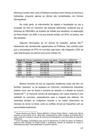 diferença é ainda maior, pois a Prefeitura considera como imóveis os terrenos e
habitações, enquanto apenas as últimas são contabilizadas nos Censos
Demográficos.

          De modo geral, os instrumentos de registro e fiscalização do uso e
ocupação do solo em Camocim são bastante deficientes, revelando que as
diretrizes do PROURB e do Estatuto da Cidade que resultaram na elaboração
do Plano Diretor, em 2000, e na sua recente revisão, em 2010, na prática, não
são adotadas.

          Segundo informações de um técnico do Cadastro, apenas três 118
loteamentos são devidamente regularizados na Prefeitura. Isso contribui para
que a arrecadação de IPTU no município seja baixa, não chegando a 20% do
valor total lançado nos últimos cinco anos (Tabela 14).


      Tabela 14: Imóveis cadastrados e valor arrecadado - Camocim - 2005/2010
       Ano      Imóveis      Valor Lançado - R$          Valor Arrecadado - R$
       2005      15.564           253.543,35                   44.780,60
       2006      15.650           358.299,25                   52.242,44
       2007      15.707           360.533,93                   61.897,34
       2008      16.287           373.555,50                   59.272,48
       2009      16.461           415.049,27                   66.236,98
       2010      16.620           395.000.00                   73.695,00
      Fonte: Setor de Finanças - Prefeitura municipal de Camocim, 2010.



          Mesmo convictos de que as segundas residências ainda não têm um
território “exclusivo” ou de destaque em Camocim, consideramos importante
analisar como vem se dando o aumento do veraneio e a difusão do turismo
residencial119. O crescente número de estrangeiros com casas próprias é uma
realidade no município, especialmente após a chegada dos italianos. Os
veranistas também se multiplicam levando a um súbito crescimento do
mercado de terras no litoral, onde os conflitos tornam-se frequentes com as
comunidades tradicionais.

118
    Nossa Senhora de Fátima, Parque Atlântico e Parque Santa Helena – esses dois últimos
situados na zona Norte da Av. Beira Mar, prolongando-se pelas margens da Estrada Mar e
Lago, onde tem crescido a compra de terrenos por estrangeiros e as construções de segundas
residências.
119
    Como estratégia metodológica para suprir as deficiências na coleta de dados na Prefeitura,
optamos pela produção de fontes diretas e qualitativas, através de trabalhos de campo e
entrevistas que serão mais trabalhadas no próximo capítulo.

                                                                                         177
 
