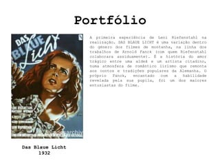 Portfólio
                   A primeira experiência de Leni Riefenstahl na
                   realização. DAS BLAUE LICHT é uma variação dentro
                   do género dos filmes de montanha, na linha dos
                   trabalhos de Arnold Fanck (com quem Riefenstahl
                   colaborara assiduamente). É a história do amor
                   trágico entre uma aldeã e um artista citadino,
                   numa atmosfera de romântico lirismo que remonta
                   aos contos e tradições populares da Alemanha. O
                   próprio   Fanck,  encantado   com  a   habilidade
                   revelada pela sua pupila, foi um dos maiores
                   entusiastas do filme.




Das Blaue Licht
      1932
 