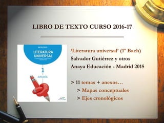 LIBRO DE TEXTO CURSO 2016-17
__________________________
‘Literatura universal’ (1º Bach)
Salvador Gutiérrez y otros
Anaya Educación - Madrid 2015
> 11 temas + anexos…
> Mapas conceptuales
> Ejes cronológicos
 