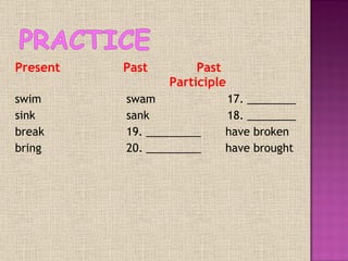 Present    Past     Past      Participle swim   swam   17. ________ sink   sank   18. ________ break   19. _________  have broken bring     20. _________  have brought 