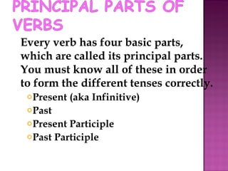 Every verb has four basic parts, which are called its principal parts. You must know all of these in order to form the different tenses correctly. Present (aka Infinitive) Past Present Participle Past Participle 