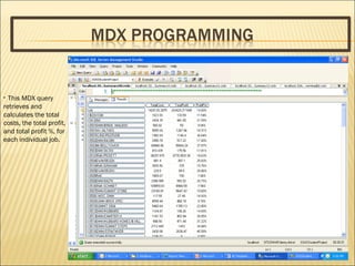 This MDX query retrieves and calculates the total costs, the total profit, and total profit %, for each individual job. 