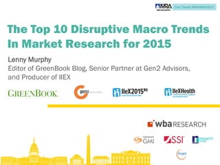 Live Tweet #MAMRA2015
The Top 10 Disruptive Macro Trends
In Market Research for 2015
Lenny Murphy
Editor of GreenBook Blog, Senior Partner at Gen2 Advisors,
and Producer of IIEX
 