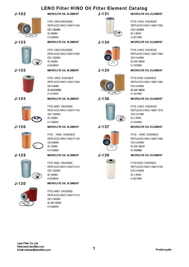 Leno filter hino oil filter element catalog