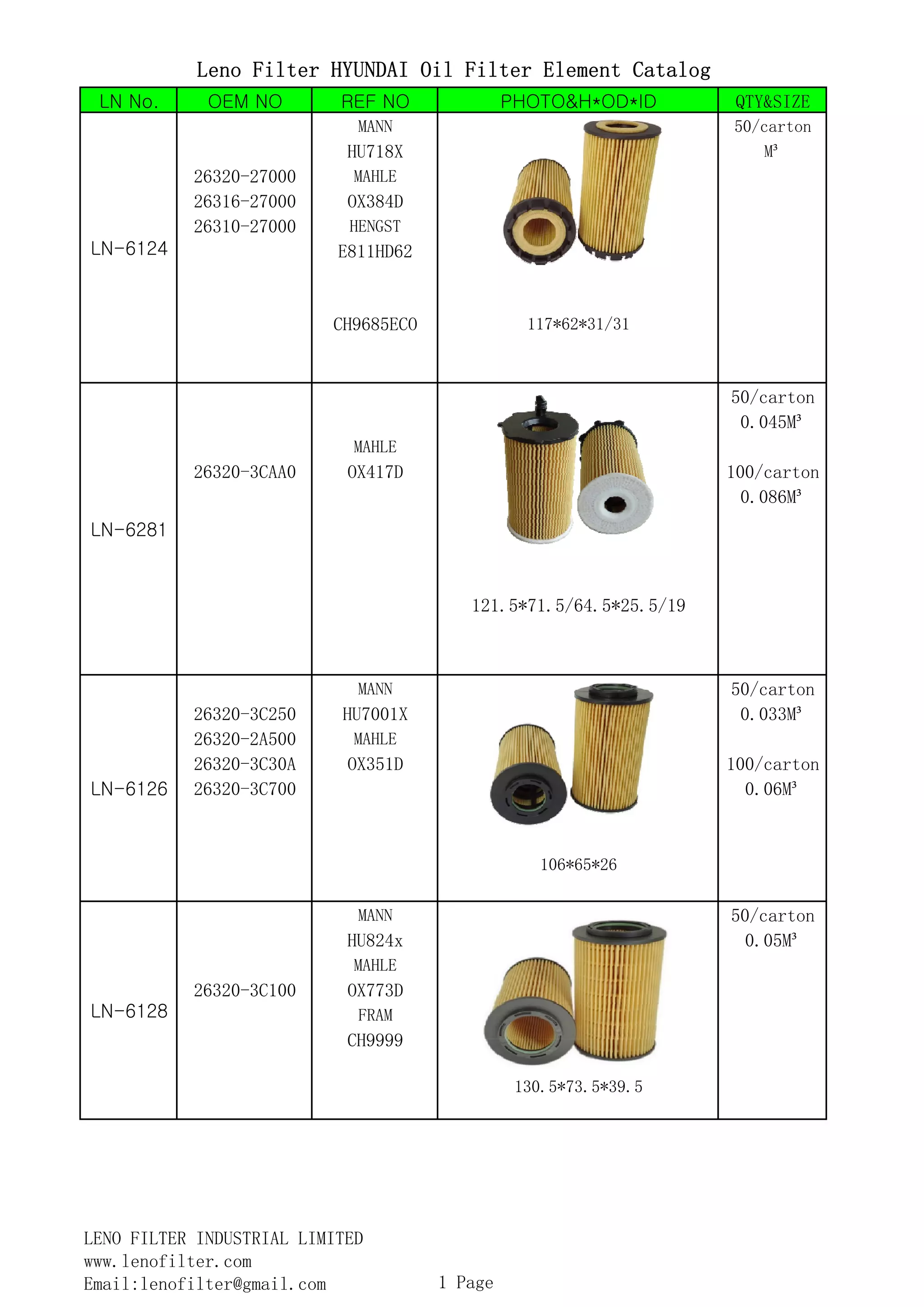 Leno filter hyundai oil filter element catalog PDF