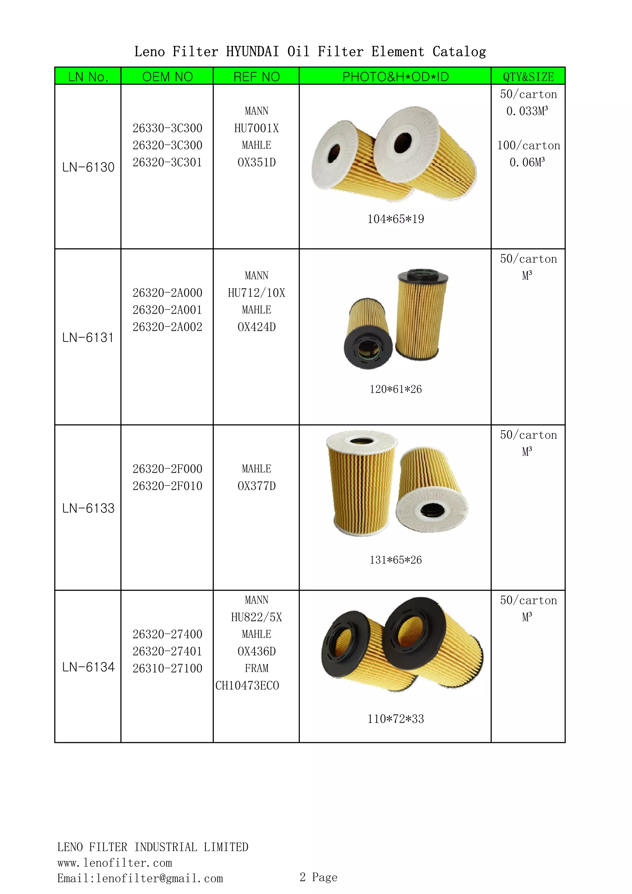 Leno filter hyundai oil filter element catalog PDF
