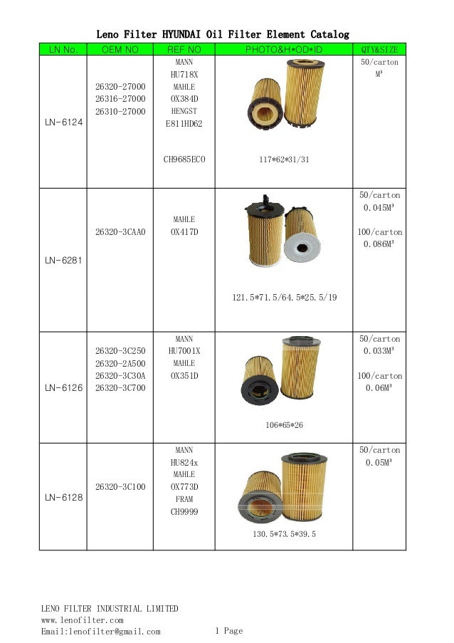 Leno filter hyundai oil filter element catalog