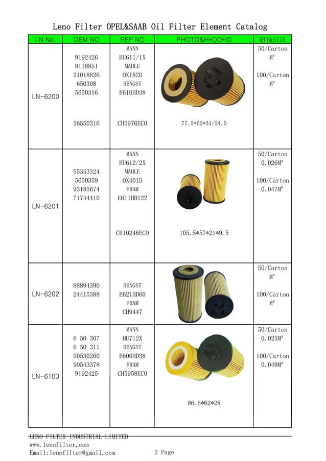 Leno filter opel saab oil filter element catalog PDF
