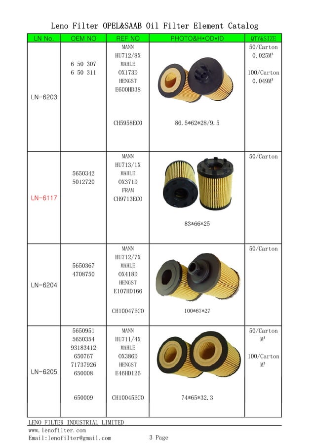 Leno filter opel saab oil filter element catalog PDF