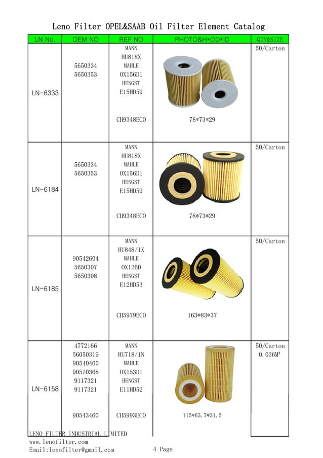 Leno filter opel saab oil filter element catalog PDF