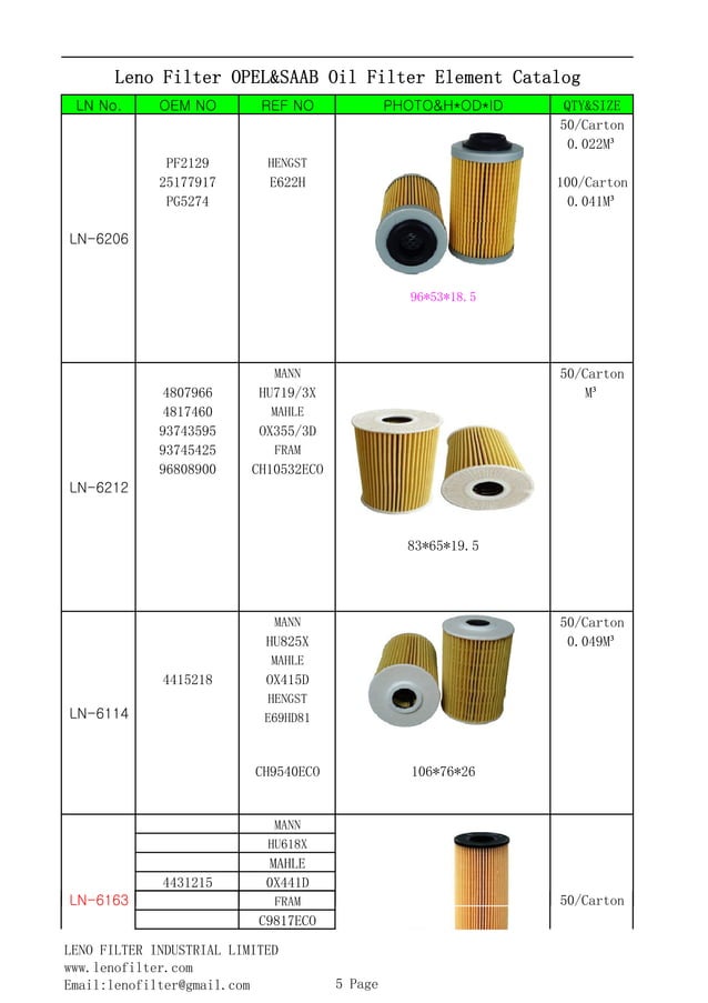 Leno filter opel saab oil filter element catalog PDF