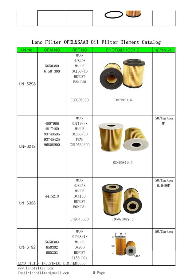 Leno filter opel saab oil filter element catalog PDF
