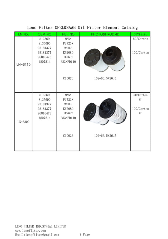 Leno filter opel saab oil filter element catalog PDF