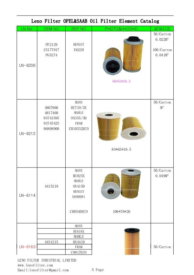 Leno filter opel saab oil filter element catalog