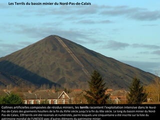 Collines artificielles composées de résidus miniers, les terrils racontent l'exploitation intensive dans le Nord-
Pas-de-Calais des gisements houillers de la fin du XVIIe siècle jusqu'à la fin du XXe siècle. Le long du bassin minier du Nord-
Pas-de-Calais, 339 terrils ont été recensés et numérotés, parmi lesquels une cinquantaine a été inscrite sur la liste du
patrimoine mondial de l'UNESCO avec d'autres éléments du patrimoine minier.
Les Terrils du bassin minier du Nord-Pas-de-Calais
 