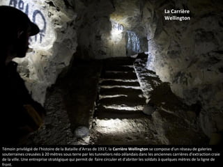 Témoin privilégié de l'histoire de la Bataille d'Arras de 1917, la Carrière Wellington se compose d'un réseau de galeries
souterraines creusées à 20 mètres sous terre par les tunneliers néo-zélandais dans les anciennes carrières d’extraction craie
de la ville. Une entreprise stratégique qui permit de faire circuler et d'abriter les soldats à quelques mètres de la ligne de
front.
La Carrière
Wellington
 