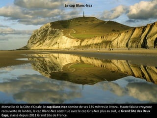 Merveille de la Côte d'Opale, le cap Blanc-Nez domine de ses 135 mètres le littoral. Haute falaise crayeuse
recouverte de landes, le cap Blanc-Nez constitue avec le cap Gris-Nez plus au sud, le Grand Site des Deux
Caps, classé depuis 2011 Grand Site de France.
Le cap Blanc-Nez
 