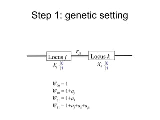 Step 1: genetic setting Locus  k Locus  j r jk W 00  = 1 W 10  = 1+ a j W 01  = 1+ a k W 11  =  1+ a j + a k + a jk X j X k 0 1 0 1 