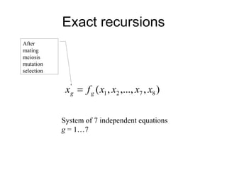 Exact recursions After mating meiosis mutation selection System of 7 independent equations g  = 1…7 