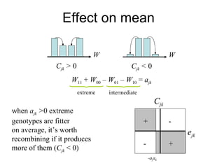 Effect on mean W 11  +  W 00  –  W 01  –  W 10  =  a jk when  a jk  > 0 extreme  genotypes are fitter  on average, it’s worth recombining if it produces more of them ( C jk  < 0)  e jk C jk -a j a k + + - - extreme intermediate W C jk  >  0 W C jk  <  0 