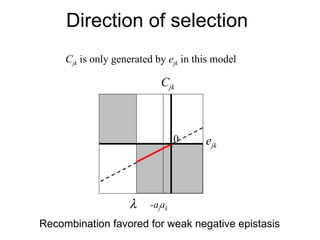 Direction of selection e jk -a j a k C jk  0 C jk  is only generated by  e jk  in this model Recombination favored for weak negative epistasis 