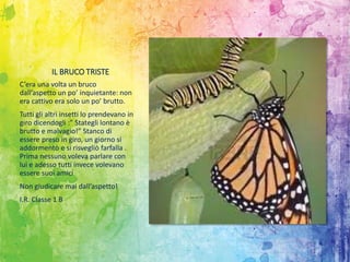IL BRUCO TRISTE
C’era una volta un bruco
dall’aspetto un po’ inquietante: non
era cattivo era solo un po’ brutto.
Tutti gli altri insetti lo prendevano in
giro dicendogli :” Stategli lontano è
brutto e malvagio!” Stanco di
essere preso in giro, un giorno si
addormentò e si risvegliò farfalla .
Prima nessuno voleva parlare con
lui e adesso tutti invece volevano
essere suoi amici
Non giudicare mai dall’aspetto!
I.R. Classe 1 B
 