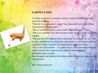 IL GATTO E IL TOPO
Un topo un giorno si nascose sotto un tavolo per sfuggire alla
presa di un gatto.
“Perché ti sei nascosto lì sotto? Esci, devo dirti una cosa molto
importante!” disse il gatto.
“No, ci sento benissimo, parla pure!” rispose il topo.
“Ma è un segreto! Te lo devo proprio dire all’orecchio!” insistette
il gatto.
“Ma qui non c’è nessuno che ci disturba! Comunque se vuoi che
io esca, aspetta che lo faccia da solo, tanto tu non riusciresti mai
a passare sotto il tavolo, sei troppo grasso!” disse il topo.
“Ah, è così? Ora vedrai…” e il gatto riuscì a passare sotto il tavolo
velocemente ma il topo fu più veloce di lui a scappare,
salvandosi per un pelo.
Non bisogna mai lasciarsi trascinare dalle parole con persone che
non conosci.
M.V. Classe prima B
 