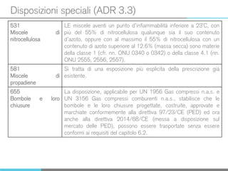 Disposizioni speciali (ADR 3.3)
531
Miscele di
nitrocellulosa
LE miscele aventi un punto d’infiammabilità inferiore a 23°C, con
più del 55% di nitrocellulosa qualunque sia il suo contenuto
d’azoto, oppure con al massimo il 55% di nitrocellulosa con un
contenuto di azoto superiore al 12.6% (massa secca) sono materie
della classe 1 (cfr. nn. ONU 0340 o 0342) o della classe 4.1 (nn.
ONU 2555, 2556, 2557).
581
Miscele di
propadiene
Si tratta di una esposizione più esplicita della prescrizione già
esistente.
655
Bombole e loro
chiusure
La disposizione, applicabile per UN 1956 Gas compressi n.a.s. e
UN 3156 Gas compressi comburenti n.a.s., stabilisce che le
bombole e le loro chiusure progettate, costruite, approvate e
marchiate conformemente alla direttiva 97/23/CE (PED) ed ora
anche alla direttiva 2014/68/CE (messa a disposizione sul
mercato delle PED), possono essere trasportate senza essere
conformi ai requisiti del capitolo 6.2.
 