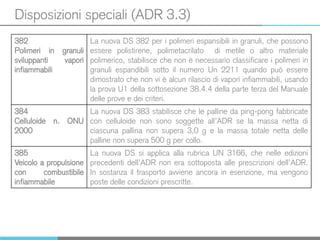 Disposizioni speciali (ADR 3.3)
382
Polimeri in granuli
sviluppanti vapori
infiammabili
La nuova DS 382 per i polimeri espansibili in granuli, che possono
essere polistirene, polimetacrilato di metile o altro materiale
polimerico, stabilisce che non è necessario classificare i polimeri in
granuli espandibili sotto il numero Un 2211 quando può essere
dimostrato che non vi è alcun rilascio di vapori infiammabili, usando
la prova U1 della sottosezione 38.4.4 della parte terza del Manuale
delle prove e dei criteri.
384
Celluloide n. ONU
2000
La nuova DS 383 stabilisce che le palline da ping-pong fabbricate
con celluloide non sono soggette all’ADR se la massa netta di
ciascuna pallina non supera 3,0 g e la massa totale netta delle
palline non supera 500 g per collo.
385
Veicolo a propulsione
con combustibile
infiammabile
La nuova DS si applica alla rubrica UN 3166, che nelle edizioni
precedenti dell’ADR non era sottoposta alle prescrizioni dell’ADR.
In sostanza il trasporto avviene ancora in esenzione, ma vengono
poste delle condizioni prescritte.
 