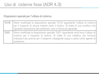 Uso di cisterne fisse (ADR 4.3)
Disposizioni speciali per l’utilizzo di cisterne.
TU16 Viene modificata la disposizione speciale TU16 riguardante l’utilizzo di cisterne
per il trasporto di alcune materie come il fosforo. Si tratta di una modifica che
riguarda l’esposizione del contenuto, reso in forma più generale.
TU21 Viene modificata la disposizione speciale TU21 riguardante anch’essa l’utilizzo di
cisterne per il trasporto di fosforo. Si tratta di una modifica che fornisce
indicazioni più precise per il trasporto impiegando acqua o azoto come agente di
protezione.
 