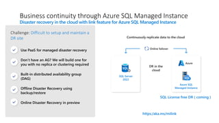 Continuously replicate data to the cloud
Online failover
SQL Server
2022
Azure SQL
Managed Instance
DR in the
cloud
Azure
...