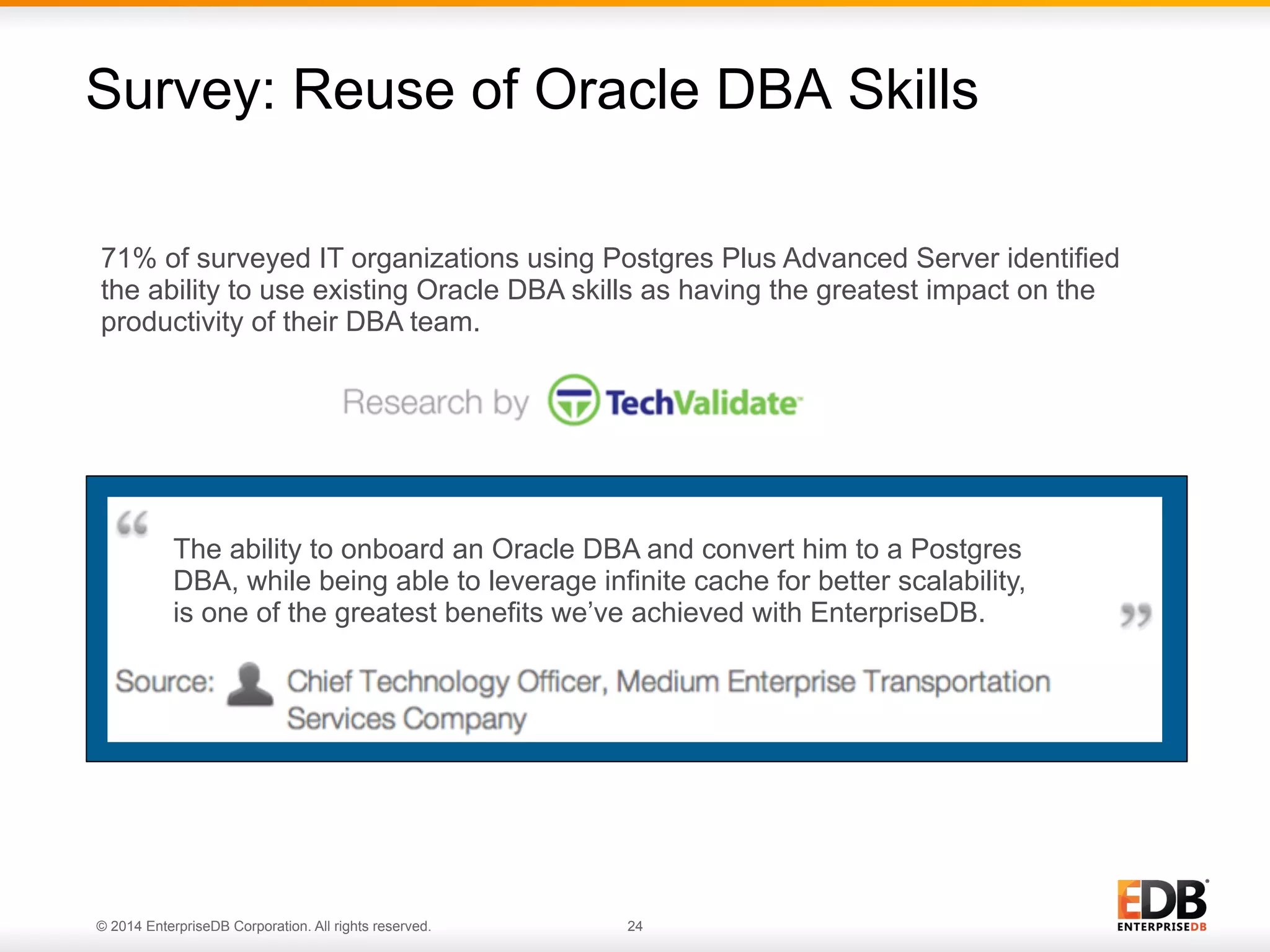 © 2014 EnterpriseDB Corporation. All rights reserved. 24 71% of surveyed IT organizations using Postgres Plus Advanced Server identified the ability to use existing Oracle DBA skills as having the greatest impact on the productivity of their DBA team. The ability to onboard an Oracle DBA and convert him to a Postgres DBA, while being able to leverage infinite cache for better scalability, is one of the greatest benefits we’ve achieved with EnterpriseDB. Survey: Reuse of Oracle DBA Skills 
