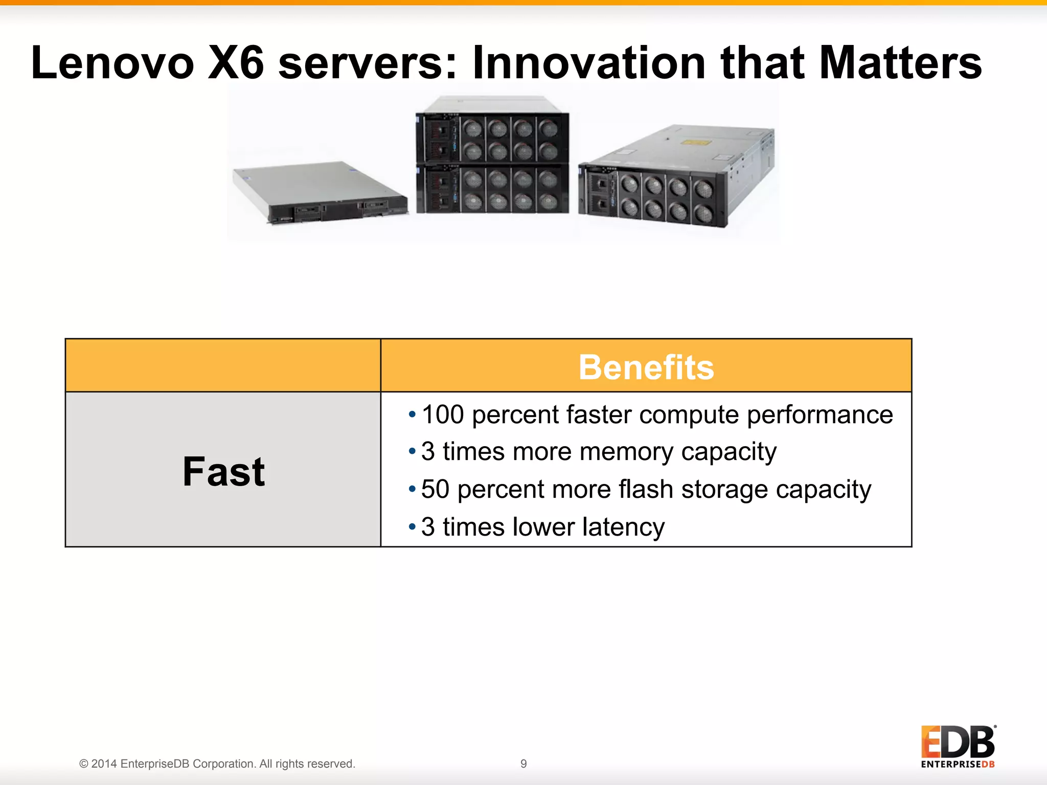 © 2014 EnterpriseDB Corporation. All rights reserved. 9 Lenovo X6 servers: Innovation that Matters Benefits Fast • 100 percent faster compute performance • 3 times more memory capacity • 50 percent more flash storage capacity • 3 times lower latency 