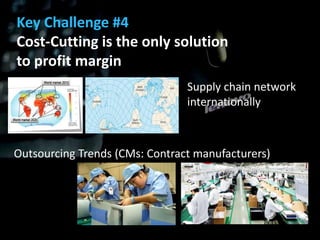 Key Challenge #4
Cost-Cutting is the only solution
to profit margin
                                Supply chain network
                                internationally



Outsourcing Trends (CMs: Contract manufacturers)
 