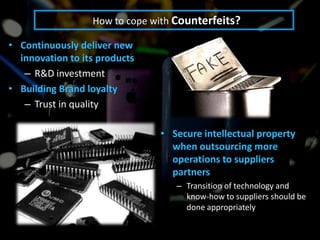 How to cope with Counterfeits?

• Continuously deliver new
  innovation to its products
   – R&D investment
• Building Brand loyalty
   – Trust in quality

                               • Secure intellectual property
                                 when outsourcing more
                                 operations to suppliers
                                 partners
                                   – Transition of technology and
                                     know-how to suppliers should be
                                     done appropriately
 