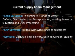 Current Supply Chain Management

• Lean Six Sigma: To eliminate 7 kinds of waste:
Defects, Overproduction, Transportation, Waiting, Inventor
y, Motion and Over-Processing

• SAP Software: To deal with wide range of customers

• Key KPIs: Cost, On-time delivery, Cash conversion, Quality
 