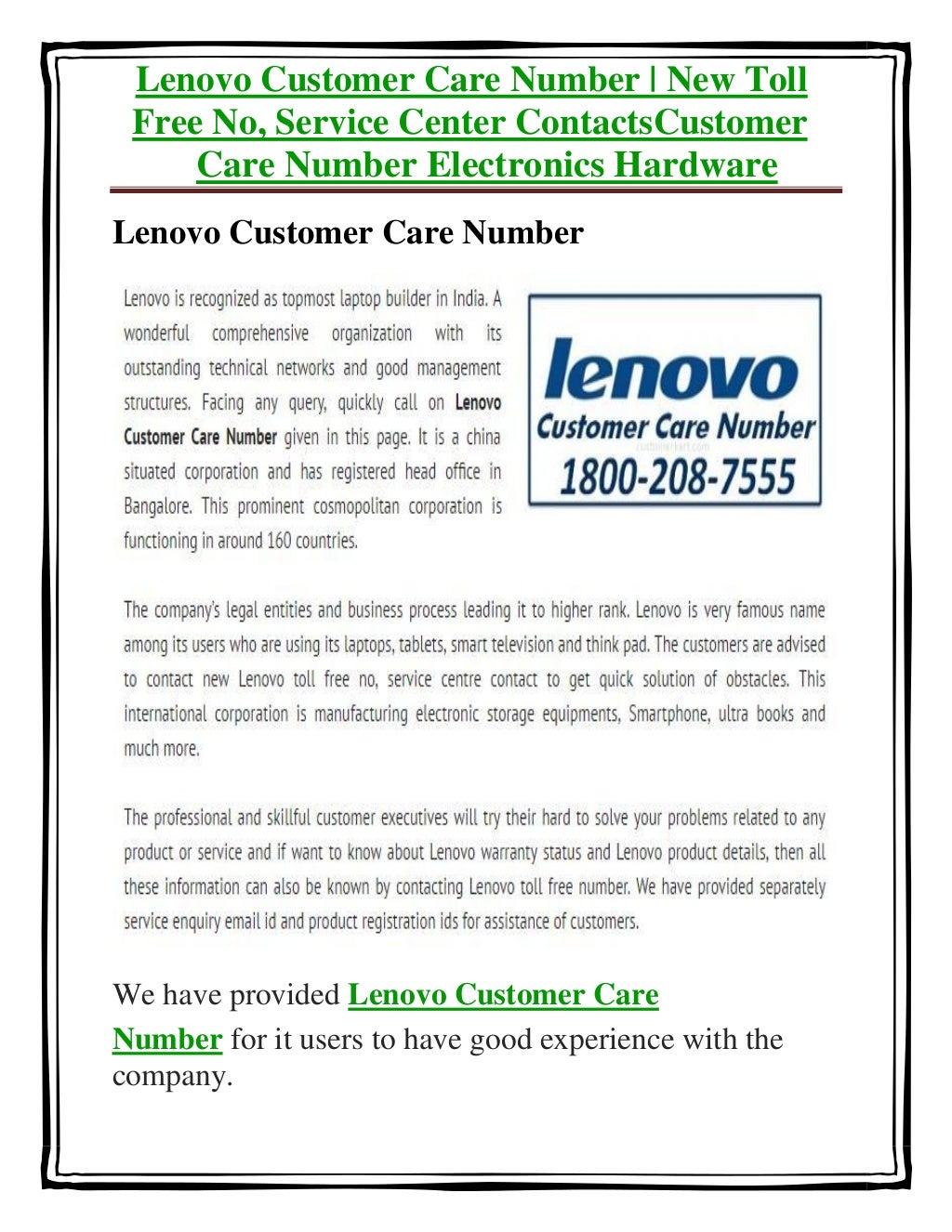 Lenovo Customer Care Number