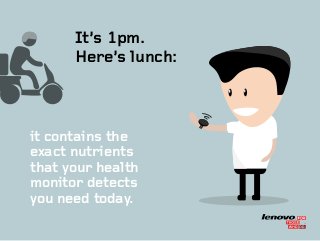 TM
It’s 1pm.
Here’s lunch:
it contains the
exact nutrients
that your health
monitor detects
you need today.
 