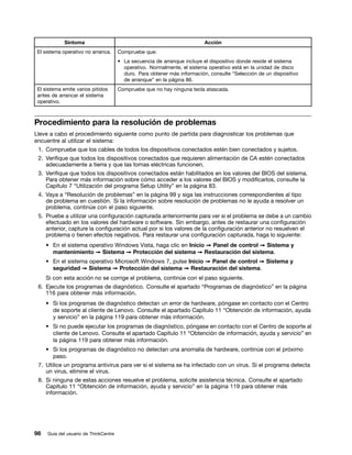 Síntoma                                                        Acción
 El sistema operativo no arranca.      Compruebe que:
                                       • La secuencia de arranque incluye el dispositivo donde reside el sistema
                                         operativo. Normalmente, el sistema operativo está en la unidad de disco
                                         duro. Para obtener más información, consulte “Selección de un dispositivo
                                         de arranque” en la página 86.
 El sistema emite varios pitidos       Compruebe que no hay ninguna tecla atascada.
 antes de arrancar el sistema
 operativo.



Procedimiento para la resolución de problemas
Lleve a cabo el procedimiento siguiente como punto de partida para diagnosticar los problemas que
encuentre al utilizar el sistema:
 1. Compruebe que los cables de todos los dispositivos conectados estén bien conectados y sujetos.
 2. Verifique que todos los dispositivos conectados que requieren alimentación de CA estén conectados
    adecuadamente a tierra y que las tomas eléctricas funcionen.
 3. Verifique que todos los dispositivos conectados están habilitados en los valores del BIOS del sistema.
    Para obtener más información sobre cómo acceder a los valores del BIOS y modificarlos, consulte la
    Capítulo 7 “Utilización del programa Setup Utility” en la página 83.
 4. Vaya a “Resolución de problemas” en la página 99 y siga las instrucciones correspondientes al tipo
    de problema en cuestión. Si la información sobre resolución de problemas no le ayuda a resolver un
    problema, continúe con el paso siguiente.
 5. Pruebe a utilizar una configuración capturada anteriormente para ver si el problema se debe a un cambio
    efectuado en los valores del hardware o software. Sin embargo, antes de restaurar una configuración
    anterior, capture la configuración actual por si los valores de la configuración anterior no resuelven el
    problema o tienen efectos negativos. Para restaurar una configuración capturada, haga lo siguiente:
     • En el sistema operativo Windows Vista, haga clic en Inicio ➙ Panel de control ➙ Sistema y
       mantenimiento ➙ Sistema ➙ Protección del sistema ➙ Restauración del sistema.
     • En el sistema operativo Microsoft Windows 7, pulse Inicio ➙ Panel de control ➙ Sistema y
       seguridad ➙ Sistema ➙ Protección del sistema ➙ Restauración del sistema.
     Si con esta acción no se corrige el problema, continúe con el paso siguiente.
 6. Ejecute los programas de diagnóstico. Consulte el apartado “Programas de diagnóstico” en la página
    116 para obtener más información.
     • Si los programas de diagnóstico detectan un error de hardware, póngase en contacto con el Centro
       de soporte al cliente de Lenovo. Consulte el apartado Capítulo 11 “Obtención de información, ayuda
       y servicio” en la página 119 para obtener más información.
     • Si no puede ejecutar los programas de diagnóstico, póngase en contacto con el Centro de soporte al
       cliente de Lenovo. Consulte el apartado Capítulo 11 “Obtención de información, ayuda y servicio” en
       la página 119 para obtener más información.
     • Si los programas de diagnóstico no detectan una anomalía de hardware, continúe con el próximo
       paso.
 7. Utilice un programa antivirus para ver si el sistema se ha infectado con un virus. Si el programa detecta
    un virus, elimine el virus.
 8. Si ninguna de estas acciones resuelve el problema, solicite asistencia técnica. Consulte el apartado
    Capítulo 11 “Obtención de información, ayuda y servicio” en la página 119 para obtener más
    información.




98   Guía del usuario de ThinkCentre
 