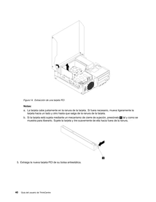 Figura 14. Extracción de una tarjeta PCI

       Notas:
       a. La tarjeta cabe justamente en la ranura de la tarjeta. Si fuera necesario, mueva ligeramente la
          tarjeta hacia un lado y otro hasta que salga de la ranura de la tarjeta.
       b. Si la tarjeta está sujeta mediante un mecanismo de cierre de sujeción, presiónelo 1 tal y como se
          muestra para liberarlo. Sujete la tarjeta y tire suavemente de ella hacia fuera de la ranura.




 5. Extraiga la nueva tarjeta PCI de su bolsa antiestática.




40   Guía del usuario de ThinkCentre
 