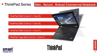 22
ThinkPad Series Slim , Secure , Robust Commercial Notebook
ThinkPad E560 (Core I3 + Core I5)
ThinkPad E460 (Core I3 + Core I5)
ThinkPad X260 (Core I5 + Core I7)
ThinkPad Yoga 260 (Core I5 + Core I7)
 