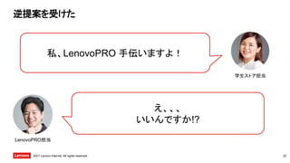 2021 Lenovo Internal. All rights reserved.
逆提案を受けた
22
え、、、
いいんですか!?
私、LenovoPRO 手伝いますよ！
LenovoPRO担当
学生ストア担当
 