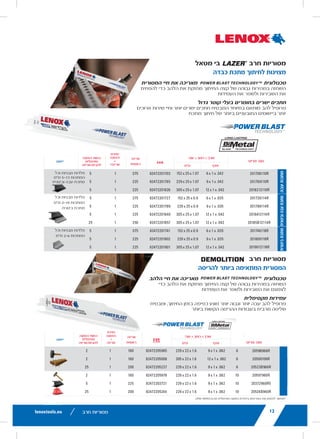 12
LAZER®
RECIPROCATING SAW
Best for Heavy Metal Cutting
POWER BLAST TECHNOLOGY™ INCREASES BLAD
High speed blasting along the cutting edge strength
the blade to reduce breaks and increase durability
STRAIGHTER CUTS IN LARGE DIAMETER MATERIA
Taller blade profile delivers straighter cuts and longe
in the most demanding metal cutting applications
ITEM NO. TPI
LENGTH x WIDTH x THI
in
THICKMETAL
201706110R 10 6 x 1 x .042 152 x
201769110R 10 9 x 1 x .042 229 x
2018212110R 10 12 x 1 x .042 305 x
THICK&MEDIUM
METAL
201726114R 14 6 x 1 x .035 152 x
201789114R 14 9 x 1 x .035 229 x
2018412114R 14 12 x 1 x .042 305 x
20185B12114R 14 12 x 1 x .042 305 x
MEDIUM
METAL
201746118R 18 6 x 1 x .035 152 x
201809118R 18 9 x 1 x .035 229 x
2019012118R 18 12 x 1 x .042 305 x
*Items can only be ordered in minimum order unit or multiples of it
DEMOLITION RECIPROCATIN
Best Blade for Demolition Applicatio
POWER BLAST TECHNOLOGY™ INCREASES BLAD
High speed blasting along the cutting edge strength
blade to reduce breaks and increase durability
MAXIMUM DURABILITY
Taller and thicker blade profile prevents bending dur
cutting and provides maximum control in the toughe
demolition applications
ITEM NO. TPI
LENGTH x WIDTH x TH
in
DEMOLITION
20598966R 6 9 x 1 x .062 229
20500106R 6 12 x 1 x .062 305
20523B966R 6 9 x 1 x .062 229
20597960R 10 9 x 1 x .062 229
20372960R5 10 9 x 1 x .062 229
20524B960R 10 9 x 1 x .062 229
LX_12723603_2018_EN_Catalogue_NEW.indd 12
lenoxtools.eu12 RECIPROCATING SAW BLADES
LAZER®
RECIPROCATING SAW BLADES
Best for Heavy Metal Cutting
POWER BLAST TECHNOLOGY™ INCREASES BLADE LIFE
High speed blasting along the cutting edge strengthens
the blade to reduce breaks and increase durability
STRAIGHTER CUTS IN LARGE DIAMETER MATERIALS
Taller blade profile delivers straighter cuts and longer life
in the most demanding metal cutting applications
ITEM NO. TPI
LENGTH x WIDTH x THICKNESS
EAN
MASTER
PACK
ORDER UNIT
= PACK*
MIN. ORDER QTY
BLADES/PACK
APPLICATION
in mm
THICKMETAL
201706110R 10 6 x 1 x .042 152 x 25 x 1.07 82472201703 375 1 5 Structural
Steels and All Metals
5-13mm201769110R 10 9 x 1 x .042 229 x 25 x 1.07 82472201765 225 1 5
2018212110R 10 12 x 1 x .042 305 x 25 x 1.07 82472201826 225 1 5
THICK&MEDIUM
METAL
201726114R 14 6 x 1 x .035 152 x 25 x 0.9 82472201727 375 1 5 Structural
Steels and All Metals
2-10mm201789114R 14 9 x 1 x .035 229 x 25 x 0.9 82472201789 225 1 5
2018412114R 14 12 x 1 x .042 305 x 25 x 1.07 82472201840 225 1 5
20185B12114R 14 12 x 1 x .042 305 x 25 x 1.07 82472201857 250 1 25
MEDIUM
METAL
201746118R 18 6 x 1 x .035 152 x 25 x 0.9 82472201741 375 1 5 Structural
Steels and All Metals
2-6mm201809118R 18 9 x 1 x .035 229 x 25 x 0.9 82472201802 225 1 5
2019012118R 18 12 x 1 x .042 305 x 25 x 1.07 82472201901 225 1 5
*Items can only be ordered in minimum order unit or multiples of it
DEMOLITION RECIPROCATING SAW BLADES
Best Blade for Demolition Applications
POWER BLAST TECHNOLOGY™ INCREASES BLADE LIFE
High speed blasting along the cutting edge strengthens the
blade to reduce breaks and increase durability
MAXIMUM DURABILITY
Taller and thicker blade profile prevents bending during
cutting and provides maximum control in the toughest
demolition applications
ITEM NO. TPI
LENGTH x WIDTH x THICKNESS
EAN
MASTER
PACK
ORDER UNIT
= PACK*
MIN. ORDER QTY
BLADES/PACK
APPLICATION
in mm
DEMOLITION
20598966R 6 9 x 1 x .062 229 x 22 x 1.6 82472205985 180 1 2
20500106R 6 12 x 1 x .062 305 x 22 x 1.6 82472205008 180 1 2
20523B966R 6 9 x 1 x .062 229 x 22 x 1.6 82472205237 200 1 25
20597960R 10 9 x 1 x .062 229 x 22 x 1.6 82472205978 180 1 2
20372960R5 10 9 x 1 x .062 229 x 22 x 1.6 82472203721 225 1 5
20524B960R 10 9 x 1 x .062 229 x 22 x 1.6 82472205244 200 1 25
LX_12723603_2018_EN_Catalogue_NEW.indd 12 16/11/2017 13:47
9lenoxtools.eu
25.4mm
RECIPROCATING SAW BLADES
BLADE LENGTH SELECTION GUIDE
RECIPROCATING SAW BLADE SELECTION GUIDE
TEETH PER INCH SELECTION GUIDE
Always keep 2-3 teeth
in the material at all times
TIP
WIDTHWIDTH WIDTH OF MATERIAL + 3" (76mm)= BLADE LENGTH
EXAMPLE: 5" (WIDTH) + 3" (76mm) = 8" (203mm).
USE AN 8" (203mm) OR 9" (229mm) BLADE
WOOD
THICK METAL 1/8"–1/2" (3.2–12.7mm)
MEDIUM METAL 3/32"–5/16"
(2.4–7.9mm)
THIN METAL
<1/8” (<3.2mm)
ABRASIVES
ROUGH CUT QUALITY SMOOTH
FAST CUT SPEED SLOW
WOOD
NAIL-
EMBEDDED
WOOD
DRYWALL/
PLASTER
NON-
FERROUS
METAL
DEMO-
LITION
FIRE &
RESCUE
PLASTICS &
COMPOSITES
THIN
METAL
MEDIUM
METAL
THICK
METAL
STAIN
LESS
STEEL
CAST
IRON
TILE &
GRANITE
ABRASIVES
BEST
DEMOLITION CT™
BI-METAL LENOX Gold®
POWER ARC®
LAZER CT™
LENOX
DIAMOND™
BETTER
LENOX Gold®
POWER ARC® — LAZER™ BI-METAL LAZER™
LENOX
Gold®
POWER
ARC®
LENOX
DIAMOND™
CARBIDE
GRIT
GOOD
BI-METAL —
BI-
METAL
— BI-METAL LAZER™
CARBIDE
GRIT
—
LX_12723603_2018_EN_Catalogue_NEW.indd 9 16/11/2017 13:47
12
LAZER®
RECIPRO
Best for Heavy Meta
POWER BLAST TECHNOLOG
High speed blasting along the
the blade to reduce breaks an
STRAIGHTER CUTS IN LARG
Taller blade profile delivers st
in the most demanding meta
ITEM NO. TPI
THICKMETAL
201706110R 10
201769110R 10
2018212110R 10
THICK&MEDIUM
METAL
201726114R 14
201789114R 14
2018412114R 14
20185B12114R 14
MEDIUM
METAL
201746118R 18
201809118R 18
2019012118R 18
*Items can only be ordered in minimum
DEMOLITION RE
Best Blade for Demo
POWER BLAST TECHNOLOG
High speed blasting along the
blade to reduce breaks and in
MAXIMUM DURABILITY
Taller and thicker blade profile
cutting and provides maximum
demolition applications
ITEM NO. TPI
DEMOLITION
20598966R 6
20500106R 6
20523B966R 6
20597960R 10
20372960R5 10
20524B960R 10
LX_12723603_2018_EN_Catalogue_NEW.indd 12
‫מטאל‬ ‫בי‬
12
LAZER®
RECIPROCATING SAW
Best for Heavy Metal Cutting
POWER BLAST TECHNOLOGY™ INCREASES BLADE
High speed blasting along the cutting edge strengthe
the blade to reduce breaks and increase durability
STRAIGHTER CUTS IN LARGE DIAMETER MATERIA
Taller blade profile delivers straighter cuts and longer
in the most demanding metal cutting applications
ITEM NO. TPI
LENGTH x WIDTH x THIC
in m
THICKMETAL
201706110R 10 6 x 1 x .042 152 x 2
201769110R 10 9 x 1 x .042 229 x 2
2018212110R 10 12 x 1 x .042 305 x 2
THICK&MEDIUM
METAL
201726114R 14 6 x 1 x .035 152 x 2
201789114R 14 9 x 1 x .035 229 x
2018412114R 14 12 x 1 x .042 305 x 2
20185B12114R 14 12 x 1 x .042 305 x 2
MEDIUM
METAL 201746118R 18 6 x 1 x .035 152 x 2
201809118R 18 9 x 1 x .035 229 x
2019012118R 18 12 x 1 x .042 305 x 2
*Items can only be ordered in minimum order unit or multiples of it
DEMOLITION RECIPROCATING
Best Blade for Demolition Applicatio
POWER BLAST TECHNOLOGY™ INCREASES BLADE
High speed blasting along the cutting edge strengthe
blade to reduce breaks and increase durability
MAXIMUM DURABILITY
Taller and thicker blade profile prevents bending durin
cutting and provides maximum control in the toughes
demolition applications
ITEM NO. TPI
LENGTH x WIDTH x THIC
in
DEMOLITION
20598966R 6 9 x 1 x .062 229 x
20500106R 6 12 x 1 x .062 305 x
20523B966R 6 9 x 1 x .062 229 x
20597960R 10 9 x 1 x .062 229 x
20372960R5 10 9 x 1 x .062 229 x
20524B960R 10 9 x 1 x .062 229 x
‫חרב‬ ‫מסוריות‬
‫כבדה‬ ‫מתכת‬ ‫לחיתוך‬ ‫מצוינות‬
‫המסורית‬ ‫חיי‬ ‫את‬ ‫מאריכה‬
12
LAZER®
RECIPROCATING SAW BLAD
Best for Heavy Metal Cutting
POWER BLAST TECHNOLOGY™ INCREASES BLADE LIFE
High speed blasting along the cutting edge strengthens
the blade to reduce breaks and increase durability
STRAIGHTER CUTS IN LARGE DIAMETER MATERIALS
Taller blade profile delivers straighter cuts and longer life
in the most demanding metal cutting applications
ITEM NO. TPI
LENGTH x WIDTH x THICKNESS
in mm
THICKMETAL
201706110R 10 6 x 1 x .042 152 x 25 x 1.07 8
201769110R 10 9 x 1 x .042 229 x 25 x 1.07 8
2018212110R 10 12 x 1 x .042 305 x 25 x 1.07 8
THICK&MEDIUM
METAL
201726114R 14 6 x 1 x .035 152 x 25 x 0.9 8
201789114R 14 9 x 1 x .035 229 x 25 x 0.9 8
2018412114R 14 12 x 1 x .042 305 x 25 x 1.07 8
20185B12114R 14 12 x 1 x .042 305 x 25 x 1.07 8
MEDIUM
METAL
201746118R 18 6 x 1 x .035 152 x 25 x 0.9 8
201809118R 18 9 x 1 x .035 229 x 25 x 0.9 8
2019012118R 18 12 x 1 x .042 305 x 25 x 1.07 8
*Items can only be ordered in minimum order unit or multiples of it
DEMOLITION RECIPROCATING SAW
Best Blade for Demolition Applications
POWER BLAST TECHNOLOGY™ INCREASES BLADE LIFE
High speed blasting along the cutting edge strengthens the
blade to reduce breaks and increase durability
MAXIMUM DURABILITY
Taller and thicker blade profile prevents bending during
cutting and provides maximum control in the toughest
demolition applications
ITEM NO. TPI
LENGTH x WIDTH x THICKNESS
in mm
DEMOLITION
20598966R 6 9 x 1 x .062 229 x 22 x 1.6
20500106R 6 12 x 1 x .062 305 x 22 x 1.6
20523B966R 6 9 x 1 x .062 229 x 22 x 1.6
20597960R 10 9 x 1 x .062 229 x 22 x 1.6
20372960R5 10 9 x 1 x .062 229 x 22 x 1.6
20524B960R 10 9 x 1 x .062 229 x 22 x 1.6
‫טכנולוגית‬
‫להפחית‬ ‫כדי‬ ‫הלהב‬ ‫את‬ ‫מחזקת‬ ‫החיתוך‬ ‫קצה‬ ‫של‬ ‫גבוהה‬ ‫במהירות‬ ‫השחזה‬
‫העמידות‬ ‫את‬ ‫ולשפר‬ ‫השבירות‬ ‫את‬
‫גדול‬ ‫קוטר‬ ‫בעלי‬ ‫בחומרים‬ ‫ישרים‬ ‫חתכים‬
‫ארוכים‬ ‫שירות‬ ‫וחיי‬ ‫יותר‬ ‫ישרים‬ ‫חתכים‬ ‫המבטיח‬ ‫במיוחד‬ ‫מותאם‬ ‫להב‬ ‫פרופיל‬
‫מתכת‬ ‫חיתוך‬ ‫של‬ ‫ביותר‬ ‫התובעניים‬ ‫ביישומים‬ ‫יותר‬
12
LAZER®
RECIPROCATING SAW BLAD
Best for Heavy Metal Cutting
POWER BLAST TECHNOLOGY™ INCREASES BLADE LIFE
High speed blasting along the cutting edge strengthens
the blade to reduce breaks and increase durability
STRAIGHTER CUTS IN LARGE DIAMETER MATERIALS
Taller blade profile delivers straighter cuts and longer life
in the most demanding metal cutting applications
ITEM NO. TPI
LENGTH x WIDTH x THICKNESS
in mm
THICKMETAL
201706110R 10 6 x 1 x .042 152 x 25 x 1.07 82
201769110R 10 9 x 1 x .042 229 x 25 x 1.07 82
2018212110R 10 12 x 1 x .042 305 x 25 x 1.07 82
THICK&MEDIUM
METAL
201726114R 14 6 x 1 x .035 152 x 25 x 0.9 82
201789114R 14 9 x 1 x .035 229 x 25 x 0.9 82
2018412114R 14 12 x 1 x .042 305 x 25 x 1.07 82
20185B12114R 14 12 x 1 x .042 305 x 25 x 1.07 82
MEDIUM
METAL
201746118R 18 6 x 1 x .035 152 x 25 x 0.9 82
201809118R 18 9 x 1 x .035 229 x 25 x 0.9 82
2019012118R 18 12 x 1 x .042 305 x 25 x 1.07 82
*Items can only be ordered in minimum order unit or multiples of it
DEMOLITION RECIPROCATING SAW
Best Blade for Demolition Applications
POWER BLAST TECHNOLOGY™ INCREASES BLADE LIFE
High speed blasting along the cutting edge strengthens the
blade to reduce breaks and increase durability
MAXIMUM DURABILITY
Taller and thicker blade profile prevents bending during
cutting and provides maximum control in the toughest
demolition applications
ITEM NO. TPI
LENGTH x WIDTH x THICKNESS
in mm
DEMOLITION
20598966R 6 9 x 1 x .062 229 x 22 x 1.6
20500106R 6 12 x 1 x .062 305 x 22 x 1.6
20523B966R 6 9 x 1 x .062 229 x 22 x 1.6
20597960R 10 9 x 1 x .062 229 x 22 x 1.6
20372960R5 10 9 x 1 x .062 229 x 22 x 1.6
20524B960R 10 9 x 1 x .062 229 x 22 x 1.6
‫חרב‬ ‫מסוריות‬
‫להריסה‬ ‫ביותר‬ ‫המתאימה‬ ‫המסורית‬
‫הלהב‬ ‫חיי‬ ‫את‬ ‫מאריכה‬
12
LAZER®
RECIPROCATING SAW BLAD
Best for Heavy Metal Cutting
POWER BLAST TECHNOLOGY™ INCREASES BLADE LIFE
High speed blasting along the cutting edge strengthens
the blade to reduce breaks and increase durability
STRAIGHTER CUTS IN LARGE DIAMETER MATERIALS
Taller blade profile delivers straighter cuts and longer life
in the most demanding metal cutting applications
ITEM NO. TPI
LENGTH x WIDTH x THICKNESS
in mm
THICKMETAL
201706110R 10 6 x 1 x .042 152 x 25 x 1.07 82
201769110R 10 9 x 1 x .042 229 x 25 x 1.07 82
2018212110R 10 12 x 1 x .042 305 x 25 x 1.07 82
THICK&MEDIUM
METAL
201726114R 14 6 x 1 x .035 152 x 25 x 0.9 82
201789114R 14 9 x 1 x .035 229 x 25 x 0.9 82
2018412114R 14 12 x 1 x .042 305 x 25 x 1.07 82
20185B12114R 14 12 x 1 x .042 305 x 25 x 1.07 82
MEDIUM
METAL
201746118R 18 6 x 1 x .035 152 x 25 x 0.9 82
201809118R 18 9 x 1 x .035 229 x 25 x 0.9 82
2019012118R 18 12 x 1 x .042 305 x 25 x 1.07 82
*Items can only be ordered in minimum order unit or multiples of it
DEMOLITION RECIPROCATING SAW
Best Blade for Demolition Applications
POWER BLAST TECHNOLOGY™ INCREASES BLADE LIFE
High speed blasting along the cutting edge strengthens the
blade to reduce breaks and increase durability
MAXIMUM DURABILITY
Taller and thicker blade profile prevents bending during
cutting and provides maximum control in the toughest
demolition applications
ITEM NO. TPI
LENGTH x WIDTH x THICKNESS
in mm
DEMOLITION
20598966R 6 9 x 1 x .062 229 x 22 x 1.6
20500106R 6 12 x 1 x .062 305 x 22 x 1.6
20523B966R 6 9 x 1 x .062 229 x 22 x 1.6
20597960R 10 9 x 1 x .062 229 x 22 x 1.6
20372960R5 10 9 x 1 x .062 229 x 22 x 1.6
20524B960R 10 9 x 1 x .062 229 x 22 x 1.6
‫טכנולוגית‬
‫כדי‬ ‫הלהב‬ ‫את‬ ‫מחזקת‬ ‫החיתוך‬ ‫קצה‬ ‫של‬ ‫גבוהה‬ ‫במהירות‬ ‫השחזה‬
‫העמידות‬ ‫את‬ ‫ולשפר‬ ‫השבירות‬ ‫את‬ ‫לצמצם‬
‫מקסימלית‬ ‫עמידות‬
‫ומבטיח‬ ,‫החיתוך‬ ‫בזמן‬ ‫כפיפה‬ ‫מונע‬ ‫יותר‬ ‫וגבוה‬ ‫יותר‬ ‫עבה‬ ‫להב‬ ‫פרופיל‬
‫ביותר‬ ‫הקשות‬ ‫ההריסה‬ ‫בעבודות‬ ‫מרבית‬ ‫שליטה‬
lenoxtools.euRECIPROCATING SAW BLADES
AW BLADES
ADE LIFE
thens
RIALS
ger life
HICKNESS
EAN
MASTER
PACK
ORDER UNIT
= PACK*
MIN. ORDER QTY
BLADES/PACK
APPLICATION
mm
x 25 x 1.07 82472201703 375 1 5 Structural
Steels and All Metals
5-13mmx 25 x 1.07 82472201765 225 1 5
x 25 x 1.07 82472201826 225 1 5
2 x 25 x 0.9 82472201727 375 1 5 Structural
Steels and All Metals
2-10mm9 x 25 x 0.9 82472201789 225 1 5
x 25 x 1.07 82472201840 225 1 5
x 25 x 1.07 82472201857 250 1 25
2 x 25 x 0.9 82472201741 375 1 5 Structural
Steels and All Metals
2-6mm9 x 25 x 0.9 82472201802 225 1 5
x 25 x 1.07 82472201901 225 1 5
NG SAW BLADES
ions
ADE LIFE
thens the
uring
hest
THICKNESS
EAN
MASTER
PACK
ORDER UNIT
= PACK*
MIN. ORDER QTY
BLADES/PACK
APPLICATION
mm
29 x 22 x 1.6 82472205985 180 1 2
05 x 22 x 1.6 82472205008 180 1 2
29 x 22 x 1.6 82472205237 200 1 25
29 x 22 x 1.6 82472205978 180 1 2
29 x 22 x 1.6 82472203721 225 1 5
29 x 22 x 1.6 82472205244 200 1 25
12
LAZER®
RECIPROCATING SAW
Best for Heavy Metal Cutting
POWER BLAST TECHNOLOGY™ INCREASES BLADE L
High speed blasting along the cutting edge strengthen
the blade to reduce breaks and increase durability
STRAIGHTER CUTS IN LARGE DIAMETER MATERIALS
Taller blade profile delivers straighter cuts and longer lif
in the most demanding metal cutting applications
ITEM NO. TPI
LENGTH x WIDTH x THICKN
in mm
THICKMETAL
201706110R 10 6 x 1 x .042 152 x 25 x
201769110R 10 9 x 1 x .042 229 x 25
2018212110R 10 12 x 1 x .042 305 x 25
THICK&MEDIUM
METAL
201726114R 14 6 x 1 x .035 152 x 25
201789114R 14 9 x 1 x .035 229 x 25
2018412114R 14 12 x 1 x .042 305 x 25
20185B12114R 14 12 x 1 x .042 305 x 25MEDIUM
METAL
201746118R 18 6 x 1 x .035 152 x 25
201809118R 18 9 x 1 x .035 229 x 25
2019012118R 18 12 x 1 x .042 305 x 25
*Items can only be ordered in minimum order unit or multiples of it
DEMOLITION RECIPROCATING
Best Blade for Demolition Applications
POWER BLAST TECHNOLOGY™ INCREASES BLADE L
High speed blasting along the cutting edge strengthen
blade to reduce breaks and increase durability
MAXIMUM DURABILITY
Taller and thicker blade profile prevents bending during
cutting and provides maximum control in the toughest
demolition applications
ITEM NO. TPI
LENGTH x WIDTH x THICK
in mm
DEMOLITION
20598966R 6 9 x 1 x .062 229 x 2
20500106R 6 12 x 1 x .062 305 x 2
20523B966R 6 9 x 1 x .062 229 x 2
20597960R 10 9 x 1 x .062 229 x 2
20372960R5 10 9 x 1 x .062 229 x 2
20524B960R 10 9 x 1 x .062 229 x 2
‫עבה‬‫מתכת‬‫בינונית‬‫מתכת‬‫ובינונית‬‫עבה‬‫מתכת‬
‫פריט‬ '‫מס‬
‫עובי‬ X ‫רוחב‬ X ‫אורך‬‫אריזה‬
‫ראשית‬
‫יישום‬
‫יחידת‬
‫הזמנה‬
=
*‫אריזה‬
‫הזמנה‬ ‫כמות‬
‫מינימלית‬
‫להבים/אריזה‬ ‫אינץ‬‫מ"מ‬
‫וכל‬ ‫מבניות‬ ‫פלדות‬
‫מ"מ‬ 5-13 ‫המתכות‬
‫ובינונית‬ ‫עבה‬ ‫מתכת‬
‫וכל‬ ‫מבניות‬ ‫פלדות‬
‫מ"מ‬ 2-10 ‫המתכות‬
‫בינונית‬ ‫מתכת‬
‫וכל‬ ‫מבניות‬ ‫פלדות‬
‫מ"מ‬ 2-6 ‫המתכות‬
lenoxtools.euRECIPROCATING SAW BLADES
AW BLADES
LADE LIFE
ngthens
ty
ERIALS
onger life
ns
x THICKNESS
EAN
MASTER
PACK
ORDER UNIT
= PACK*
MIN. ORDER QTY
BLADES/PACK
APPLICATION
mm
152 x 25 x 1.07 82472201703 375 1 5 Structural
Steels and All Metals
5-13mm229 x 25 x 1.07 82472201765 225 1 5
305 x 25 x 1.07 82472201826 225 1 5
152 x 25 x 0.9 82472201727 375 1 5 Structural
Steels and All Metals
2-10mm229 x 25 x 0.9 82472201789 225 1 5
305 x 25 x 1.07 82472201840 225 1 5
305 x 25 x 1.07 82472201857 250 1 25
152 x 25 x 0.9 82472201741 375 1 5 Structural
Steels and All Metals
2-6mm229 x 25 x 0.9 82472201802 225 1 5
305 x 25 x 1.07 82472201901 225 1 5
ING SAW BLADES
ations
LADE LIFE
ngthens the
during
ughest
x THICKNESS
EAN
MASTER
PACK
ORDER UNIT
= PACK*
MIN. ORDER QTY
BLADES/PACK
APPLICATION
mm
229 x 22 x 1.6 82472205985 180 1 2
305 x 22 x 1.6 82472205008 180 1 2
229 x 22 x 1.6 82472205237 200 1 25
229 x 22 x 1.6 82472205978 180 1 2
229 x 22 x 1.6 82472203721 225 1 5
229 x 22 x 1.6 82472205244 200 1 25
lenoxtools.12 RECIPROCATING SAW BLADES
LAZER®
RECIPROCATING SAW BLADES
Best for Heavy Metal Cutting
POWER BLAST TECHNOLOGY™ INCREASES BLADE LIFE
High speed blasting along the cutting edge strengthens
the blade to reduce breaks and increase durability
STRAIGHTER CUTS IN LARGE DIAMETER MATERIALS
Taller blade profile delivers straighter cuts and longer life
in the most demanding metal cutting applications
ITEM NO. TPI
LENGTH x WIDTH x THICKNESS
EAN
MASTER
PACK
ORDER UNIT
= PACK*
MIN. ORDER QTY
BLADES/PACK
APPLICATION
in mm
THICKMETAL
201706110R 10 6 x 1 x .042 152 x 25 x 1.07 82472201703 375 1 5 Structural
Steels and All Meta
5-13mm201769110R 10 9 x 1 x .042 229 x 25 x 1.07 82472201765 225 1 5
2018212110R 10 12 x 1 x .042 305 x 25 x 1.07 82472201826 225 1 5
THICK&MEDIUM
METAL
201726114R 14 6 x 1 x .035 152 x 25 x 0.9 82472201727 375 1 5 Structural
Steels and All Meta
2-10mm201789114R 14 9 x 1 x .035 229 x 25 x 0.9 82472201789 225 1 5
2018412114R 14 12 x 1 x .042 305 x 25 x 1.07 82472201840 225 1 5
20185B12114R 14 12 x 1 x .042 305 x 25 x 1.07 82472201857 250 1 25
MEDIUM
METAL
201746118R 18 6 x 1 x .035 152 x 25 x 0.9 82472201741 375 1 5 Structural
Steels and All Meta
2-6mm201809118R 18 9 x 1 x .035 229 x 25 x 0.9 82472201802 225 1 5
2019012118R 18 12 x 1 x .042 305 x 25 x 1.07 82472201901 225 1 5
*Items can only be ordered in minimum order unit or multiples of it
DEMOLITION RECIPROCATING SAW BLADES
Best Blade for Demolition Applications
POWER BLAST TECHNOLOGY™ INCREASES BLADE LIFE
High speed blasting along the cutting edge strengthens the
blade to reduce breaks and increase durability
MAXIMUM DURABILITY
Taller and thicker blade profile prevents bending during
cutting and provides maximum control in the toughest
demolition applications
ITEM NO. TPI
LENGTH x WIDTH x THICKNESS
EAN
MASTER
PACK
ORDER UNIT
= PACK*
MIN. ORDER QTY
BLADES/PACK
APPLICATION
in mm
DEMOLITION
20598966R 6 9 x 1 x .062 229 x 22 x 1.6 82472205985 180 1 2
20500106R 6 12 x 1 x .062 305 x 22 x 1.6 82472205008 180 1 2
20523B966R 6 9 x 1 x .062 229 x 22 x 1.6 82472205237 200 1 25
20597960R 10 9 x 1 x .062 229 x 22 x 1.6 82472205978 180 1 2
20372960R5 10 9 x 1 x .062 229 x 22 x 1.6 82472203721 225 1 5
20524B960R 10 9 x 1 x .062 229 x 22 x 1.6 82472205244 200 1 25
‫פריט‬ '‫מס‬
‫עובי‬ X ‫רוחב‬ X ‫אורך‬
EAN
‫אריזה‬
‫ראשית‬
‫יישום‬
‫יחידת‬
‫הזמנה‬
=
‫אריזה‬
‫הזמנה‬ ‫כמות‬
‫מינימלית‬
‫להבים/אריזה‬ ‫אינץ‬‫מ"מ‬
.‫שלה‬ ‫בכפולות‬ ‫או‬ ‫מינימלית‬ ‫הזמנה‬ ‫ביחידת‬ ‫הפריטים‬ ‫את‬ ‫להזמין‬ ‫*אפשר‬
‫חרב‬ ‫מסוריות‬ 12
 