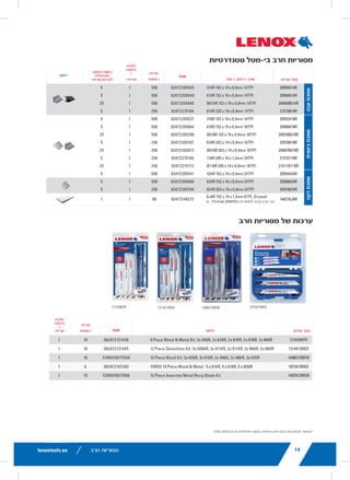 lenoxtools.eu12 RECIPROCATING SAW BLADES
LAZER®
RECIPROCATING SAW BLADES
Best for Heavy Metal Cutting
POWER BLAST TECHNOLOGY™ INCREASES BLADE LIFE
High speed blasting along the cutting edge strengthens
the blade to reduce breaks and increase durability
STRAIGHTER CUTS IN LARGE DIAMETER MATERIALS
Taller blade profile delivers straighter cuts and longer life
in the most demanding metal cutting applications
ITEM NO. TPI
LENGTH x WIDTH x THICKNESS
EAN
MASTER
PACK
ORDER UNIT
= PACK*
MIN. ORDER QTY
BLADES/PACK
APPLICATION
in mm
THICKMETAL
201706110R 10 6 x 1 x .042 152 x 25 x 1.07 82472201703 375 1 5 Structural
Steels and All Metals
5-13mm201769110R 10 9 x 1 x .042 229 x 25 x 1.07 82472201765 225 1 5
2018212110R 10 12 x 1 x .042 305 x 25 x 1.07 82472201826 225 1 5
THICK&MEDIUM
METAL
201726114R 14 6 x 1 x .035 152 x 25 x 0.9 82472201727 375 1 5 Structural
Steels and All Metals
2-10mm201789114R 14 9 x 1 x .035 229 x 25 x 0.9 82472201789 225 1 5
2018412114R 14 12 x 1 x .042 305 x 25 x 1.07 82472201840 225 1 5
20185B12114R 14 12 x 1 x .042 305 x 25 x 1.07 82472201857 250 1 25
MEDIUM
METAL
201746118R 18 6 x 1 x .035 152 x 25 x 0.9 82472201741 375 1 5 Structural
Steels and All Metals
2-6mm201809118R 18 9 x 1 x .035 229 x 25 x 0.9 82472201802 225 1 5
2019012118R 18 12 x 1 x .042 305 x 25 x 1.07 82472201901 225 1 5
*Items can only be ordered in minimum order unit or multiples of it
DEMOLITION RECIPROCATING SAW BLADES
Best Blade for Demolition Applications
POWER BLAST TECHNOLOGY™ INCREASES BLADE LIFE
High speed blasting along the cutting edge strengthens the
blade to reduce breaks and increase durability
MAXIMUM DURABILITY
Taller and thicker blade profile prevents bending during
cutting and provides maximum control in the toughest
demolition applications
ITEM NO. TPI
LENGTH x WIDTH x THICKNESS
EAN
MASTER
PACK
ORDER UNIT
= PACK*
MIN. ORDER QTY
BLADES/PACK
APPLICATION
in mm
DEMOLITION
20598966R 6 9 x 1 x .062 229 x 22 x 1.6 82472205985 180 1 2
20500106R 6 12 x 1 x .062 305 x 22 x 1.6 82472205008 180 1 2
20523B966R 6 9 x 1 x .062 229 x 22 x 1.6 82472205237 200 1 25
20597960R 10 9 x 1 x .062 229 x 22 x 1.6 82472205978 180 1 2
20372960R5 10 9 x 1 x .062 229 x 22 x 1.6 82472203721 225 1 5
20524B960R 10 9 x 1 x .062 229 x 22 x 1.6 82472205244 200 1 25
LX_12723603_2018_EN_Catalogue_NEW.indd 12 16/11/2017 13:47
9lenoxtools.eu
25.4mm
RECIPROCATING SAW BLADES
BLADE LENGTH SELECTION GUIDE
RECIPROCATING SAW BLADE SELECTION GUIDE
TEETH PER INCH SELECTION GUIDE
Always keep 2-3 teeth
in the material at all times
TIP
WIDTHWIDTH WIDTH OF MATERIAL + 3" (76mm)= BLADE LENGTH
EXAMPLE: 5" (WIDTH) + 3" (76mm) = 8" (203mm).
USE AN 8" (203mm) OR 9" (229mm) BLADE
WOOD
THICK METAL 1/8"–1/2" (3.2–12.7mm)
MEDIUM METAL 3/32"–5/16"
(2.4–7.9mm)
THIN METAL
<1/8” (<3.2mm)
ABRASIVES
ROUGH CUT QUALITY SMOOTH
FAST CUT SPEED SLOW
WOOD
NAIL-
EMBEDDED
WOOD
DRYWALL/
PLASTER
NON-
FERROUS
METAL
DEMO-
LITION
FIRE &
RESCUE
PLASTICS &
COMPOSITES
THIN
METAL
MEDIUM
METAL
THICK
METAL
STAIN
LESS
STEEL
CAST
IRON
TILE &
GRANITE
ABRASIVES
BEST
DEMOLITION CT™
BI-METAL LENOX Gold®
POWER ARC®
LAZER CT™
LENOX
DIAMOND™
BETTER
LENOX Gold®
POWER ARC® — LAZER™ BI-METAL LAZER™
LENOX
Gold®
POWER
ARC®
LENOX
DIAMOND™
CARBIDE
GRIT
GOOD
BI-METAL —
BI-
METAL
— BI-METAL LAZER™
CARBIDE
GRIT
—
LX_12723603_2018_EN_Catalogue_NEW.indd 9 16/11/2017 13:47
14
1214412R121439KPE
ITEM NO.
121439KPE 9 Piece Wood & M
1214412RKD 12 Piece Demoliti
1498013RKW 13 Piece Wood K
1073415RKG 15RKG 15 Piece W
1497913RKM 13 Piece Assorte
ITEM NO.
THICKMETAL
20550414R 414R 102 x
20564614R 614R 152 x
20494B614R B614R 152
21519814R 814R 203 x
MEDIUMMETAL
20552418R 418R 102 x
20566618R 618R 152 x
20529B618R B618R 152
20578818R 818R 203 x
20487B818R B818R 203
21510118R 118R 305 x
21511B118R B118R 305
THINMETAL
20554424R 424R 102 x
20568624R 624R 152 x
20579824R 824R 203 x
148216J6R
6J6R 152 x
(repl. for 20
RECIPROCATING
STANDARD BI-ME
*Items can only be ordered in minimum
LX_12723603_2018_EN_Catalogue_NEW.indd 14
‫סטנדרטיות‬ ‫בי-מטל‬ ‫חרב‬ ‫מסוריות‬
‫חרב‬ ‫מסוריות‬ ‫של‬ ‫ערכות‬
12
LAZER®
RECIPROCATING SAW
Best for Heavy Metal Cutting
POWER BLAST TECHNOLOGY™ INCREASES BLAD
High speed blasting along the cutting edge strength
the blade to reduce breaks and increase durability
STRAIGHTER CUTS IN LARGE DIAMETER MATERI
Taller blade profile delivers straighter cuts and longe
in the most demanding metal cutting applications
ITEM NO. TPI
LENGTH x WIDTH x THI
in
THICKMETAL
201706110R 10 6 x 1 x .042 152 x
201769110R 10 9 x 1 x .042 229 x
2018212110R 10 12 x 1 x .042 305 x
THICK&MEDIUM
METAL
201726114R 14 6 x 1 x .035 152 x
201789114R 14 9 x 1 x .035 229 x
2018412114R 14 12 x 1 x .042 305 x
20185B12114R 14 12 x 1 x .042 305 x
MEDIUM
METAL
201746118R 18 6 x 1 x .035 152 x
201809118R 18 9 x 1 x .035 229 x
2019012118R 18 12 x 1 x .042 305 x
*Items can only be ordered in minimum order unit or multiples of it
DEMOLITION RECIPROCATIN
Best Blade for Demolition Applicatio
POWER BLAST TECHNOLOGY™ INCREASES BLAD
High speed blasting along the cutting edge strength
blade to reduce breaks and increase durability
MAXIMUM DURABILITY
Taller and thicker blade profile prevents bending dur
cutting and provides maximum control in the toughe
demolition applications
ITEM NO. TPI
LENGTH x WIDTH x TH
in
DEMOLITION
20598966R 6 9 x 1 x .062 229
20500106R 6 12 x 1 x .062 305
20523B966R 6 9 x 1 x .062 229
20597960R 10 9 x 1 x .062 229
20372960R5 10 9 x 1 x .062 229
20524B960R 10 9 x 1 x .062 229
LX_12723603_2018_EN_Catalogue_NEW.indd 12
‫פריט‬ '‫מס‬‫עובי‬ X ‫רוחב‬ X ‫אורך‬
‫אריזה‬
‫ראשית‬
‫יישום‬
‫יחידת‬
‫הזמנה‬
=
*‫אריזה‬
‫הזמנה‬ ‫כמות‬
‫מינימלית‬
‫להבים/אריזה‬
‫עבה‬‫מתכת‬‫בינונית‬‫מתכת‬‫דקה‬‫מתכת‬
)Tri-Fold 20997EU ‫למסורית‬ ‫(זהה‬ ‫גבס‬ ‫קיר‬
le14
1073415RKG1214412RKD121439KPE 1498013RKW
RECIPROCATING SAW BLADES
ITEM NO. DESCRIPTION EAN
MASTER
PACK
121439KPE 9 Piece Wood & Metal Kit: 2x 656R, 2x 624R, 2x 810R, 2x 818R, 1x 960R 082472121438 10
1214412RKD 12 Piece Demolition Kit: 3x 6066R, 3x 6114R, 2x 9114R, 2x 966R, 2x 960R 082472121445 10
1498013RKW 13 Piece Wood Kit: 3x 656R, 3x 610R, 2x 966G, 2x 966R, 3x 810R 5706915077049 10
1073415RKG 15RKG 15 Piece Wood & Metal : 5 x 614R, 5 x 618R, 5 x 656R 082472107340 8
1497913RKM 13 Piece Assorted Metal Recip Blade Kit 5706915077056 10
ITEM NO. DESCRIPTION EAN
MASTER
PACK
ORDER UNIT
= PACK*
MIN. ORDER QTY
BLADES/PACK
AP
THICKMETAL
20550414R 414R 102 x 19 x 0,9mm 14TPI 82472205503 500 1 5
20564614R 614R 152 x 19 x 0,9mm 14TPI 82472205640 500 1 5
20494B614R B614R 152 x 19 x 0,9mm 14TPI 82472204940 500 1 25
21519814R 814R 203 x 19 x 0,9mm 14TPI 82472215199 250 1 5MEDIUMMETAL
20552418R 418R 102 x 19 x 0,9mm 18TPI 82472205527 500 1 5
20566618R 618R 152 x 19 x 0,9mm 18TPI 82472205664 500 1 5
20529B618R B618R 152 x 19 x 0,9mm 18TPI 82472205299 500 1 25
20578818R 818R 203 x 19 x 0,9mm 18TPI 82472205787 250 1 5
20487B818R B818R 203 x 19 x 0,9mm 18TPI 82472204872 250 1 25
21510118R 118R 305 x 19 x 1,3mm 18TPI 82472215106 250 1 5
21511B118R B118R 305 x 19 x 0,9mm 18TPI 82472215113 250 1 25
THINMETAL
20554424R 424R 102 x 19 x 0,9mm 24TPI 82472205541 500 1 5
20568624R 624R 152 x 19 x 0,9mm 24TPI 82472205688 500 1 5
20579824R 824R 203 x 19 x 0,9mm 24TPI 82472205794 250 1 5
148216J6R
6J6R 152 x 19 x 1,3mm 6TPI, Drywall
(repl. for 20997EU Tri-Fold™ Saw)
82472148213 90 1 1
RECIPROCATING SAW BLADE KITS
STANDARD BI-METAL RECIPROCATING SAW BLADES
*Items can only be ordered in minimum order unit or multiples of it
‫פריט‬ '‫מס‬‫תיאור‬
‫אריזה‬
‫ראשית‬
‫יחידת‬
‫הזמנה‬
=
‫אריזה‬
.‫שלה‬ ‫בכפולות‬ ‫או‬ ‫מינימלית‬ ‫הזמנה‬ ‫ביחידת‬ ‫הפריטים‬ ‫את‬ ‫להזמין‬ ‫*אפשר‬
‫חרב‬ ‫מסוריות‬ 14
 