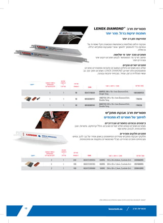 y
TING SAW BLADES
EAN
MASTER
PACK
ORDER UNIT
= PACK*
MIN. ORDER QTY
BLADES/PACK
APPLICATION
2108330 90 1 1
3000757 90 1 1
3000740 90 1 1
SAW BLADES
luding
ble blade
EAN
MASTER
PACK
ORDER UNIT
= PACK*
MIN. ORDER QTY
BLADES/PACK
APPLICATION
72205053 240 1 2
72205763 100 1 2
72205060 100 1 2
11lenoxtools.eu RECIPROCATING SAW BLADES
LENOX Gold®
POWER ARC™
RECIPROCATING SAW BLADES
Power Arc Curved Design for Superior
Performance in All Applications
POWER ARC CURVED BLADE
Delivers up to 2X longer life vs. traditional straight LENOX®
reciprocating saw blades
AGGRESSIVE BLADE DESIGN
Optimises the blade’s angle of attack for faster cutting in
a variety of materials
EXTENDED BLADE LIFE
T2™ Technology and precision applied titanium coating
help dissipate heat making blades last longer
FASTER CUTS
Titanium coating makes teeth more wear-resistant
so they stay sharp for quicker cuts
1
Blades do not feature Power Arc technology.
* vs traditional straight LENOX®
Reciprocating Saw Blades
** Items can only be ordered in minimum order unit or multiples of it
ITEM NO. DESCRIPTION EAN
MASTER
PACK
ORDER UNIT
= PACK**
MIN. ORDER QTY
BLADES/PACK
APPLICATION
EXTREMEMETALCUTTING
210926108GR 6108G 152 x 25 x 1,1mm 8TPI 82472210927 500 1 5
210969108GR 9108G 229 x 25 x 1,1mm 8TPI 82472210965 250 1 5
210936110GR 6110G 152 x 25 x 1,1mm 10TPI 82472210934 500 1 5
210979110GR 9110G 229 x 25 x 1,1mm 10TPI 82472210972 250 1 5
2110012110GR 12110G 305 x 25 x 1,1mm 10TPI 82472211009 250 1 5
210946114GR 6114G 152 x 25 x 1,1mm 14TPI 82472210941 500 1 5
210989114GR 9114G 229 x 25 x 1,1mm 14TPI 82472210989 250 1 5
2110112114GR 12114G 305 x 25 x 1,1mm 14TPI 82472211016 250 1 5
210956118GR 6118G 152 x 25 x 1,1mm 18TPI 82472210958 500 1 5
210999118GR 9118G 229 x 25 x 1,1mm 18TPI 82472210996 250 1 5
2110212118GR 12118G 305 x 25 x 1,1mm 18TPI 82472211023 250 1 5
DEMOLITION
210886066GR1
6066G 152 x 22 x 1,6mm 6TPI 82472210880 500 1 5
21090966GR 966G 229 x 22 x 1,6mm 6TPI 82472210903 250 1 5
21091106GR 106G 305 x 22 x 1,6mm 6TPI 82472210910 250 1 5
21089960GR 960G 229 x 22 x 1,6mm 10TPI 82472210897 250 1 5
METAL
21064610GR 610G 152 x 19 x 0,9mm 10TPI 82472210644 500 1 5
21065810GR 810G 203 x 19 x 1,3mm 10TPI 82472210651 250 1 5
21066414GR1
414G 102 x 19 x 0,9mm 14TPI 82472210668 500 1 5
21067614GR 614G 152 x 19 x 0,9mm 14TPI 82472210675 500 1 5
21068418GR1
418G 102 x 19 x 0,9mm 18TPI 82472210682 500 1 5
21069618GR 618G 152 x 19 x 0,9mm 18TPI 82472210699 500 1 5
21070818GR 818G 203 x 19 x 0,9mm 18TPI 82472210705 250 1 5
21071424GR1
424G 102 x 19 x 0,9mm 24TPI 82472210712 500 1 5
21072624GR 624G 152 x 19 x 0,9mm 24TPI 82472210729 500 1 5
21073824GR 824G 203 x 19 x 0,9mm 24TPI 82472210736 250 1 5
WOOD
21060656GR 656G 152 x 19 x 1,3mm 6TPI 82472201606 500 1 5
21062956GR 956G 229 x 19 x 1,3mm 6TPI 82472201620 250 1 5
21061156GR 156G 305 x 19 x 1,3mm 6TPI 82472201613 250 1 5
LX_12723603_2018_EN_Catalogue_NEW.indd 11 16/11/2017 13:47
15
DER QTY
/PACK
APPLICATION
R QTY
PACK
APPLICATION
16/11/2017 13:47
lenoxtools.eu
25.4mm
RECIPROCATING SAW BLAD
BLADE LENGTH SELECTION GU
RECIPROCATING SAW BLADE S
TEETH PER INCH SELECTION G
Always keep 2-3 teeth
in the material at all times
TIP
WIDTHWIDTH
WOOD
THICK METAL 1/8"–1
ROUGH CUT
FAST CUT
WOOD
NAIL-
EMBEDDED
WOOD
DRYWALL/
PLASTER
NON-
FERROUS
METAL
DEMO-
LITION
FIRE &
RESCUE
BEST
DEMOLITION CT™
BI-METAL LENOX G
BETTER
LENOX Gold®
POWER ARC® — LAZER™ BI-META
GOOD
BI-METAL —
BI-
METAL
—
LX_12723603_2018_EN_Catalogue_NEW.indd 9
lenoxtools.eu RECIPROCATING SAW BLADES
LASTS LONGER
Nickel alloy-brazed diamond particles maintain sharpness
to keep cutting after conventional carbide grit fails
CUTS 3X FASTER*
A narrow kerf design enables thinner, faster cuts
STRAIGHT, CLEAN CUTS
Unlike bulky snap cutters which crush pipes and leave
ragged, uneven cuts, LENOX DIAMOND cuts clean.
Durable chrome alloy backing steel provides extra stability
LENOX DIAMOND™
RECIPROCATING SAW
Cuts Cast. Fast.
ITEM NO. DESCRIPTION EAN
MAST
PAC
10833800RDG
800RDG 200 x 19 x 1mm Diamond Grit,
Single Tang
082472108330 90
1766356
100DTDG 275 x 19 x 1mm Diamond Grit,
Double Tang
885363000757 90
1766338
800DTDG 225 x 19 x 1mm Diamond Grit,
Double Tang
885363000740 90
CARBIDE GRIT RECIPROCATING SAW BL
For Cutting Non-Metallic Materials
HIGH PERFORMANCE IN ABRASIVE MATERIALS
Cuts through tough materials that resist chip-forming, including
ceramics, pipe, man-made stone, brick, marble and more
SMOOTH, QUICK CUTS
Uniformly applied, durable carbide grit particles on a flexible blade
provide fast cuts without snagging or binding
ITEM NO. DESCRIPTION EAN
MAS
PA
20505600RG 600RG 152 x 20 x 0,8mm, Carbide Grit 082472205053 24
20576800RG 800RG 203 x 20 x 1,0mm, Carbide Grit 082472205763 10
20506100RG 100RG 254 x 20 x 1,3mm, Carbide Grit 082472205060 10
*Items can only be ordered in minimum order unit or multiples of it
LX_12723603_2018_EN_Catalogue_NEW.indd 15
‫חרב‬ ‫מסוריות‬
‫יותר‬ ‫מהר‬ .‫ברזל‬ ‫יציקות‬ ‫חותכות‬
‫יותר‬ ‫רב‬ ‫זמן‬ ‫מחזיקות‬
‫על‬ ‫שומרת‬ ‫ניקל‬ ‫סגסוגת‬ ‫באמצעות‬ ‫מולחמת‬ ‫יהלום‬ ‫אבקת‬
‫רגילה‬ ‫מתק"ש‬ ‫שאבקת‬ ‫אחרי‬ ‫לחתוך‬ ‫להמשיך‬ ‫כדי‬ ‫החדות‬
.‫נכשלת‬
‫שלושה‬ ‫פי‬ ‫יותר‬ ‫מהר‬ ‫חותכים‬
‫יותר‬ ‫דקים‬ ‫חתכים‬ ‫לבצע‬ ‫המאפשר‬ ‫צר‬ ‫חריץ‬ ‫עיצוב‬
‫יותר‬ ‫ומהירים‬
‫ונקיים‬ ‫ישרים‬ ‫חתכים‬
‫חתכים‬ ‫ומשאירים‬ ‫צינורות‬ ‫המועכים‬ ‫גדולים‬ ‫חותכים‬ ‫כמו‬ ‫שלא‬
‫גב‬ .‫נקי‬ ‫חתך‬ ‫חותכים‬
LASTS LONGER
Nickel alloy-brazed diamond particles maintain sharpness
to keep cutting after conventional carbide grit fails
CUTS 3X FASTER*
A narrow kerf design enables thinner, faster cuts
STRAIGHT, CLEAN CUTS
Unlike bulky snap cutters which crush pipes and leave
ragged, uneven cuts, LENOX DIAMOND cuts clean.
Durable chrome alloy backing steel provides extra stability
LENOX DIAMOND™
RECIPROCATING SAW BLAD
Cuts Cast. Fast.
ITEM NO. DESCRIPTION EAN
MASTER
PACK
OR
=
10833800RDG
800RDG 200 x 19 x 1mm Diamond Grit,
Single Tang
082472108330 90
1766356
100DTDG 275 x 19 x 1mm Diamond Grit,
Double Tang
885363000757 90
1766338
800DTDG 225 x 19 x 1mm Diamond Grit,
Double Tang
885363000740 90
CARBIDE GRIT RECIPROCATING SAW BLADES
For Cutting Non-Metallic Materials
HIGH PERFORMANCE IN ABRASIVE MATERIALS
Cuts through tough materials that resist chip-forming, including
ceramics, pipe, man-made stone, brick, marble and more
SMOOTH, QUICK CUTS
Uniformly applied, durable carbide grit particles on a flexible blade
provide fast cuts without snagging or binding
ITEM NO. DESCRIPTION EAN
MASTER
PACK
ORDE
= P
20505600RG 600RG 152 x 20 x 0,8mm, Carbide Grit 082472205053 240
20576800RG 800RG 203 x 20 x 1,0mm, Carbide Grit 082472205763 100
20506100RG 100RG 254 x 20 x 1,3mm, Carbide Grit 082472205060 100
*Items can only be ordered in minimum order unit or multiples of it
,‫ישרים‬ ‫ולא‬ ‫מחוספסים‬
.‫גבוהה‬ ‫יציבות‬ ‫מבטיח‬ ,‫עמיד‬ ,‫כרום‬ ‫מפלדת‬ ‫עשוי‬
‫מתק"ש‬ ‫אבקת‬ ‫חרב‬ ‫מסוריות‬
‫מתכתיים‬ ‫לא‬ ‫חומרים‬ ‫של‬ ‫לחיתוך‬
‫אברזיביים‬ ‫בחומרים‬ ‫גבוהים‬ ‫ביצועים‬
‫אבן‬ ,‫צינורות‬ ,‫קרמיקה‬ ‫כולל‬ ,‫שבבים‬ ‫יוצרים‬ ‫שלא‬ ‫קשים‬ ‫חומרים‬ ‫חותכים‬
‫ועוד‬ ‫שיש‬ ,‫לבנים‬ ,‫מלאכותית‬
‫ומהירים‬ ‫חלקים‬ ‫חתכים‬
‫גמיש‬ ‫להב‬ ‫גבי‬ ‫על‬ ‫אחיד‬ ‫באופן‬ ‫המיושמים‬ ‫עמידים‬ ‫מתק"ש‬ ‫אבקת‬ ‫חלקיקי‬
.‫מתכופפת‬ ‫או‬ ‫נתקעת‬ ‫שהמסורית‬ ‫מבלי‬ ,‫מהירים‬ ‫חתכים‬ ‫מבטיחים‬
.‫שלה‬ ‫בכפולות‬ ‫או‬ ‫מינימלית‬ ‫הזמנה‬ ‫ביחידת‬ ‫הפריטים‬ ‫את‬ ‫להזמין‬ ‫*אפשר‬
‫פריט‬ '‫מס‬
‫פריט‬ '‫מס‬
‫עובי‬ X ‫רוחב‬ X ‫אורך‬
‫עובי‬ X ‫רוחב‬ X ‫אורך‬
‫אריזה‬
‫ראשית‬
‫אריזה‬
‫ראשית‬
‫יישום‬
‫יישום‬
‫יחידת‬
‫הזמנה‬
=
*‫אריזה‬
‫יחידת‬
‫הזמנה‬
=
‫אריזה‬
‫הזמנה‬ ‫כמות‬
‫מינימלית‬
‫להבים/אריזה‬
‫הזמנה‬ ‫כמות‬
‫מינימלית‬
‫להבים/אריזה‬
15CATING SAW BLADES
maintain sharpness
bide grit fails
faster cuts
h pipes and leave
ND cuts clean.
ovides extra stability
ECIPROCATING SAW BLADES
N EAN
MASTER
PACK
ORDER UNIT
= PACK*
MIN. ORDER QTY
BLADES/PACK
APPLICATION
mond Grit,
082472108330 90 1 1
amond Grit,
885363000757 90 1 1
amond Grit,
885363000740 90 1 1
PROCATING SAW BLADES
Materials
MATERIALS
sist chip-forming, including
ck, marble and more
t particles on a flexible blade
binding
EAN
MASTER
PACK
ORDER UNIT
= PACK*
MIN. ORDER QTY
BLADES/PACK
APPLICATION
Carbide Grit 082472205053 240 1 2
Carbide Grit 082472205763 100 1 2
Carbide Grit 082472205060 100 1 2
r multiples of it
16/11/2017 13:47
‫חרב‬ ‫מסוריות‬15
 