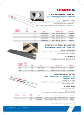lenoxtools.eu12 RECIPROCATING SAW BLADES
LAZER®
RECIPROCATING SAW BLADES
Best for Heavy Metal Cutting
POWER BLAST TECHNOLOGY™ INCREASES BLADE LIFE
High speed blasting along the cutting edge strengthens
the blade to reduce breaks and increase durability
STRAIGHTER CUTS IN LARGE DIAMETER MATERIALS
Taller blade profile delivers straighter cuts and longer life
in the most demanding metal cutting applications
ITEM NO. TPI
LENGTH x WIDTH x THICKNESS
EAN
MASTER
PACK
ORDER UNIT
= PACK*
MIN. ORDER QTY
BLADES/PACK
APPLICATION
in mm
THICKMETAL
201706110R 10 6 x 1 x .042 152 x 25 x 1.07 82472201703 375 1 5 Structural
Steels and All Metals
5-13mm201769110R 10 9 x 1 x .042 229 x 25 x 1.07 82472201765 225 1 5
2018212110R 10 12 x 1 x .042 305 x 25 x 1.07 82472201826 225 1 5
THICK&MEDIUM
METAL
201726114R 14 6 x 1 x .035 152 x 25 x 0.9 82472201727 375 1 5 Structural
Steels and All Metals
2-10mm201789114R 14 9 x 1 x .035 229 x 25 x 0.9 82472201789 225 1 5
2018412114R 14 12 x 1 x .042 305 x 25 x 1.07 82472201840 225 1 5
20185B12114R 14 12 x 1 x .042 305 x 25 x 1.07 82472201857 250 1 25
MEDIUM
METAL
201746118R 18 6 x 1 x .035 152 x 25 x 0.9 82472201741 375 1 5 Structural
Steels and All Metals
2-6mm201809118R 18 9 x 1 x .035 229 x 25 x 0.9 82472201802 225 1 5
2019012118R 18 12 x 1 x .042 305 x 25 x 1.07 82472201901 225 1 5
*Items can only be ordered in minimum order unit or multiples of it
DEMOLITION RECIPROCATING SAW BLADES
Best Blade for Demolition Applications
POWER BLAST TECHNOLOGY™ INCREASES BLADE LIFE
High speed blasting along the cutting edge strengthens the
blade to reduce breaks and increase durability
MAXIMUM DURABILITY
Taller and thicker blade profile prevents bending during
cutting and provides maximum control in the toughest
demolition applications
ITEM NO. TPI
LENGTH x WIDTH x THICKNESS
EAN
MASTER
PACK
ORDER UNIT
= PACK*
MIN. ORDER QTY
BLADES/PACK
APPLICATION
in mm
DEMOLITION
20598966R 6 9 x 1 x .062 229 x 22 x 1.6 82472205985 180 1 2
20500106R 6 12 x 1 x .062 305 x 22 x 1.6 82472205008 180 1 2
20523B966R 6 9 x 1 x .062 229 x 22 x 1.6 82472205237 200 1 25
20597960R 10 9 x 1 x .062 229 x 22 x 1.6 82472205978 180 1 2
20372960R5 10 9 x 1 x .062 229 x 22 x 1.6 82472203721 225 1 5
20524B960R 10 9 x 1 x .062 229 x 22 x 1.6 82472205244 200 1 25
LX_12723603_2018_EN_Catalogue_NEW.indd 12 16/11/2017 13:47
9lenoxtools.eu
25.4mm
RECIPROCATING SAW BLADES
BLADE LENGTH SELECTION GUIDE
RECIPROCATING SAW BLADE SELECTION GUIDE
TEETH PER INCH SELECTION GUIDE
Always keep 2-3 teeth
in the material at all times
TIP
WIDTHWIDTH WIDTH OF MATERIAL + 3" (76mm)= BLADE LENGTH
EXAMPLE: 5" (WIDTH) + 3" (76mm) = 8" (203mm).
USE AN 8" (203mm) OR 9" (229mm) BLADE
WOOD
THICK METAL 1/8"–1/2" (3.2–12.7mm)
MEDIUM METAL 3/32"–5/16"
(2.4–7.9mm)
THIN METAL
<1/8” (<3.2mm)
ABRASIVES
ROUGH CUT QUALITY SMOOTH
FAST CUT SPEED SLOW
WOOD
NAIL-
EMBEDDED
WOOD
DRYWALL/
PLASTER
NON-
FERROUS
METAL
DEMO-
LITION
FIRE &
RESCUE
PLASTICS &
COMPOSITES
THIN
METAL
MEDIUM
METAL
THICK
METAL
STAIN
LESS
STEEL
CAST
IRON
TILE &
GRANITE
ABRASIVES
BEST
DEMOLITION CT™
BI-METAL LENOX Gold®
POWER ARC®
LAZER CT™
LENOX
DIAMOND™
BETTER
LENOX Gold®
POWER ARC® — LAZER™ BI-METAL LAZER™
LENOX
Gold®
POWER
ARC®
LENOX
DIAMOND™
CARBIDE
GRIT
GOOD
BI-METAL —
BI-
METAL
— BI-METAL LAZER™
CARBIDE
GRIT
—
LX_12723603_2018_EN_Catalogue_NEW.indd 9 16/11/2017 13:47
16
ITEM NO.
20427424T Airsaw Blade
20428432T Airsaw Blade
ENGINEERED FOR STRENG
Specially treated to enhance
strikes to keep cutting fast
LONG CUTTING LIFE
Patented tooth design and a
life and enable easy access i
• Shatter Reistant
• Bi-metal blades bend and
MAXIMUM DURABILITY
For pneumatic machine cutti
LONG LASTING
High-speed Steel teeth provi
PALLET CUTTIN
High Performance C
• High Quality Cuts
• 5 TPI blades provide high q
limestone and Poroton blo
• 1.5 TPI provide high quality
aerated concrete
CARBIDE TIPPE
Fast, Durable and Pr
AIR SAW BLADE
Shatter Resistant B
ITEM NO. DE
21103235BLP 235BLP 235
21104300BLP 300BLP 300
21105450BLP 450BLP 450
21107300LC 300LC 300
21108450LC 450LC 450
ITEM NO.
10729810RPC 810RPC 20
1995507 910RPC 22
107301010RPC 1010RPC 25
*Items can only be ordered in minimum
LX_12723603_2018_EN_Catalogue_NEW.indd 16
‫מתק"ש‬ ‫קצה‬ ‫עם‬ ‫לאבן‬ ‫חרב‬ ‫מסוריות‬
‫האבן‬ ‫חומרי‬ ‫בכל‬ ‫ומדויק‬ ‫עמיד‬ ,‫מהיר‬ ‫חיתוך‬
‫גבוהה‬ ‫באיכות‬ ‫חתכים‬
‫גבוהה‬ ‫באיכות‬ ‫חתכים‬ ‫מבטיחים‬ )TPI( '‫לאינץ‬ ‫שיניים‬ 5 ‫עם‬ ‫להבים‬
‫חלולות‬ ‫ולבנים‬ ‫גיר‬ ‫אבן‬ ,‫מחימר‬ ‫בלבנים‬
.‫איטונג‬ ‫ובלוקי‬ ‫קל‬ ‫בבטון‬ ‫גבוהה‬ ‫באיכות‬ ‫חתכים‬ ‫מבטיחות‬ '‫לאינץ‬ ‫שיניים‬ 1.5
‫משטחים‬ ‫לחיתוך‬ ‫בי-מטאל‬ ‫חרב‬ ‫מסוריות‬
‫משטחים‬ ‫לחידוש‬ ‫גבוהה‬ ‫ביצועים‬ ‫ברמת‬ ‫חיתוך‬
‫חוזק‬ ‫להבטיח‬ ‫מתוכננות‬
‫פגיעות‬ ‫בפני‬ ‫לעמוד‬ ‫ומאפשר‬ ‫הביצועים‬ ‫את‬ ‫משפר‬ ‫מיוחד‬ ‫טיפול‬
‫מהיר‬ ‫חיתוך‬ ‫להבטיח‬ ‫כדי‬ ,‫מסמרים‬
‫ארוכים‬ ‫שירות‬ ‫חיי‬
‫ארוכים‬ ‫שירות‬ ‫חיי‬ ‫מבטיחים‬ ‫מעוגל‬ ‫ואף‬ ‫בפטנט‬ ‫מוגן‬ ‫שיניים‬ ‫עיצוב‬
.‫צרים‬ ‫במקומות‬ ‫בקלות‬ ‫כניסה‬ ‫ומאפשרים‬ ,‫ללהב‬
‫פנאומטיות‬ ‫למכונות‬ ‫מסוריות‬
‫לחיתוך‬ ‫התנפצות‬ ‫בפני‬ ‫עמידים‬ ‫בי-מטאל‬ ‫להבי‬
‫פנאומטית‬ ‫במכונה‬
‫התנפצות‬ ‫בפני‬ ‫עמידים‬
‫חיי‬ ‫להבטיח‬ ‫כדי‬ ,‫שבירה‬ ‫בפני‬ ‫ועומדים‬ ‫מתכופפים‬ ‫בי-מטאל‬ ‫להבי‬
‫הלהב‬ ‫של‬ ‫ארוכים‬ ‫שירות‬
‫מקסימלית‬ ‫עמידות‬
‫פנאומטית‬ ‫מכונה‬ ‫עם‬ ‫לחיתוך‬
‫ארוכים‬ ‫שירות‬ ‫חיי‬
‫רב‬ ‫זמן‬ ‫המחזיק‬ ‫חזק‬ ‫חיתוך‬ ‫קצה‬ ‫מבטיחות‬ ‫מהירה‬ ‫מפלדה‬ ‫שינים‬
12
LAZER®
RECIPROCATING SAW
Best for Heavy Metal Cutting
POWER BLAST TECHNOLOGY™ INCREASES BLAD
High speed blasting along the cutting edge strength
the blade to reduce breaks and increase durability
STRAIGHTER CUTS IN LARGE DIAMETER MATERI
Taller blade profile delivers straighter cuts and longe
in the most demanding metal cutting applications
ITEM NO. TPI
LENGTH x WIDTH x THI
in
THICKMETAL
201706110R 10 6 x 1 x .042 152 x
201769110R 10 9 x 1 x .042 229 x
2018212110R 10 12 x 1 x .042 305 x
THICK&MEDIUM
METAL
201726114R 14 6 x 1 x .035 152 x
201789114R 14 9 x 1 x .035 229 x
2018412114R 14 12 x 1 x .042 305 x
20185B12114R 14 12 x 1 x .042 305 x
MEDIUM
METAL
201746118R 18 6 x 1 x .035 152 x
201809118R 18 9 x 1 x .035 229 x
2019012118R 18 12 x 1 x .042 305 x
*Items can only be ordered in minimum order unit or multiples of it
DEMOLITION RECIPROCATIN
Best Blade for Demolition Applicatio
POWER BLAST TECHNOLOGY™ INCREASES BLAD
High speed blasting along the cutting edge strength
blade to reduce breaks and increase durability
MAXIMUM DURABILITY
Taller and thicker blade profile prevents bending dur
cutting and provides maximum control in the toughe
demolition applications
ITEM NO. TPI
LENGTH x WIDTH x TH
in
DEMOLITION
20598966R 6 9 x 1 x .062 229
20500106R 6 12 x 1 x .062 305
20523B966R 6 9 x 1 x .062 229
20597960R 10 9 x 1 x .062 229
20372960R5 10 9 x 1 x .062 229
20524B960R 10 9 x 1 x .062 229
LX_12723603_2018_EN_Catalogue_NEW.indd 12
lenoxtools.euRECIPROCATING SAW BLADES
CRIPTION EAN
MASTER
PACK
ORDER UNIT
= PACK*
MIN. ORDER QTY
BLADES/PACK
3 x 0.64mm 24tpi 5/PK 082472204278 500 1 5
3 x 0.64mm 32 TPI 5/PK 082472204285 500 1 5
nce and withstand nail
nose provide long blade
ots
aking and extended blade life
g, long lasting cutting edge
METAL RECIPROCATING SAW BLADES
for Pallet Refurbishing
s in clay brick,
ght and
SONRY RECIPROCATING BLADES
cutting in all masonry materials
l blades for Pneumatic Machine Cutting
EAN
MASTER
PACK
ORDER UNIT
= PACK*
MIN. ORDER QTY
BLADES/PACK
m 5TPI 5706915078497 25 1 1
m 5TPI 5706915078503 25 1 1
m 5TPI 5706915078510 25 1 1
m 5TPI 5706915078534 25 1 1
m 5TPI 5706915078541 25 1 1
PTION EAN
MASTER
PACK
ORDER UNIT
= PACK*
MIN. ORDER QTY
BLADES/PACK
m 10 TPI 082472107296 250 1 250
m 10 TPI 885363177343 250 1 250
m 10 TPI 082472107302 250 1 250
ultiples of it
16/11/2017 13:47
‫פריט‬ '‫מס‬‫עובי‬ X ‫רוחב‬ X ‫אורך‬EAN
‫אריזה‬
‫ראשית‬
‫יחידת‬
‫הזמנה‬
=
*‫אריזה‬
‫הזמנה‬ ‫כמות‬
‫מינימלית‬
‫להבים/אריזה‬
‫פריט‬ '‫מס‬‫עובי‬ X ‫רוחב‬ X ‫אורך‬EAN
‫אריזה‬
‫ראשית‬
‫יחידת‬
‫הזמנה‬
=
*‫אריזה‬
lenoxtools.eu 16RECIPROCATINGSAWBLADES
ITEMNO.DESCRIPTIONEAN
MASTER
PACK
ORDERUNIT
=PACK*
MIN.ORDERQTY
BLADES/PACK
20427424TAirsawBlade424T100x13x0.64mm24tpi5/PK08247220427850015
20428432TAirsawBlade432T100x13x0.64mm32TPI5/PK08247220428550015
ENGINEEREDFORSTRENGTH
Speciallytreatedtoenhanceperformanceandwithstandnail
strikestokeepcuttingfast
LONGCUTTINGLIFE
Patentedtoothdesignandaroundednoseprovidelongblade
lifeandenableeasyaccessintightspots
•ShatterReistant
•Bi-metalbladesbendandresistbreakingandextendedbladelife
MAXIMUMDURABILITY
Forpneumaticmachinecutting
LONGLASTING
High-speedSteelteethprovideastrong,longlastingcuttingedge
PALLETCUTTINGBI-METALRECIPROCATINGSAWBLADES
HighPerformanceCuttingforPalletRefurbishing
•HighQualityCuts
•5TPIbladesprovidehighqualitycutsinclaybrick,
limestoneandPorotonblocks.
•1.5TPIprovidehighqualitycutsinlightand
aeratedconcrete
CARBIDETIPPEDMASONRYRECIPROCATINGBLADES
Fast,DurableandPrecisecuttinginallmasonrymaterials
AIRSAWBLADES
ShatterResistantBi-MetalbladesforPneumaticMachineCutting
ITEMNO.DESCRIPTIONEAN
MASTER
PACK
ORDERUNIT
=PACK*
MIN.ORDERQTY
BLADES/PACK
21103235BLP235BLP235x20x1,2mm5TPI57069150784972511
21104300BLP300BLP300x50x1,2mm5TPI57069150785032511
21105450BLP450BLP450x50x1,2mm5TPI57069150785102511
21107300LC300LC300x50x1,2mm5TPI57069150785342511
21108450LC450LC450x50x1,2mm5TPI57069150785412511
ITEMNO.DESCRIPTIONEAN
MASTER
PACK
ORDERUNIT
=PACK*
MIN.ORDERQTY
BLADES/PACK
10729810RPC810RPC203x19x0,9mm10TPI0824721072962501250
1995507910RPC227x19x0,9mm10TPI8853631773432501250
107301010RPC1010RPC254x19x0,9mm10TPI0824721073022501250
*Itemscanonlybeorderedinminimumorderunitormultiplesofit
LX_12723603_2018_EN_Catalogue_NEW.indd1616/11/201713:47
16
ITEM NO.
20427424T Airsaw Blade 424T
20428432T Airsaw Blade 432T
ENGINEERED FOR STRENGTH
Specially treated to enhance perfo
strikes to keep cutting fast
LONG CUTTING LIFE
Patented tooth design and a roun
life and enable easy access in tigh
• Shatter Reistant
• Bi-metal blades bend and resis
MAXIMUM DURABILITY
For pneumatic machine cutting
LONG LASTING
High-speed Steel teeth provide a
PALLET CUTTING B
High Performance Cutt
• High Quality Cuts
• 5 TPI blades provide high qualit
limestone and Poroton blocks.
• 1.5 TPI provide high quality cuts
aerated concrete
CARBIDE TIPPED M
Fast, Durable and Preci
AIR SAW BLADES
Shatter Resistant Bi-M
ITEM NO. DESCRIP
21103235BLP 235BLP 235 x 20 x
21104300BLP 300BLP 300 x 50 x
21105450BLP 450BLP 450 x 50 x
21107300LC 300LC 300 x 50 x
21108450LC 450LC 450 x 50 x
ITEM NO. D
10729810RPC 810RPC 203 x 19
1995507 910RPC 227 x 19
107301010RPC 1010RPC 254 x 19
*Items can only be ordered in minimum order u
LX_12723603_2018_EN_Catalogue_NEW.indd 16
16 RECIPROCAT
ITEM NO. DESCRIPTION EAN
20427424T Airsaw Blade 424T 100 x 13 x 0.64mm 24tpi 5/PK 082472204278
20428432T Airsaw Blade 432T 100 x 13 x 0.64mm 32 TPI 5/PK 082472204285
ENGINEERED FOR STRENGTH
Specially treated to enhance performance and withstand nail
strikes to keep cutting fast
LONG CUTTING LIFE
Patented tooth design and a rounded nose provide long blade
life and enable easy access in tight spots
• Shatter Reistant
• Bi-metal blades bend and resist breaking and extended blade life
MAXIMUM DURABILITY
For pneumatic machine cutting
LONG LASTING
High-speed Steel teeth provide a strong, long lasting cutting edge
PALLET CUTTING BI-METAL RECIPROCATING
High Performance Cutting for Pallet Refurbishing
• High Quality Cuts
• 5 TPI blades provide high quality cuts in clay brick,
limestone and Poroton blocks.
• 1.5 TPI provide high quality cuts in light and
aerated concrete
CARBIDE TIPPED MASONRY RECIPROCATING
Fast, Durable and Precise cutting in all masonry materia
AIR SAW BLADES
Shatter Resistant Bi-Metal blades for Pneumatic Machin
ITEM NO. DESCRIPTION EAN
MAST
PACK
21103235BLP 235BLP 235 x 20 x 1,2mm 5TPI 5706915078497 25
21104300BLP 300BLP 300 x 50 x 1,2mm 5TPI 5706915078503 25
21105450BLP 450BLP 450 x 50 x 1,2mm 5TPI 5706915078510 25
21107300LC 300LC 300 x 50 x 1,2mm 5TPI 5706915078534 25
21108450LC 450LC 450 x 50 x 1,2mm 5TPI 5706915078541 25
ITEM NO. DESCRIPTION EAN
10729810RPC 810RPC 203 x 19 x 0,9mm 10 TPI 082472107296
1995507 910RPC 227 x 19 x 0,9mm 10 TPI 885363177343
107301010RPC 1010RPC 254 x 19 x 0,9mm 10 TPI 082472107302
*Items can only be ordered in minimum order unit or multiples of it
LX_12723603_2018_EN_Catalogue_NEW.indd 16
lenoxtools.eu16 RECIPROCATING SAW BLADES
ITEM NO. DESCRIPTION EAN
MASTER
PACK
ORDER UNIT
= PACK*
MIN. ORDER QTY
BLADES/PACK
20427424T Airsaw Blade 424T 100 x 13 x 0.64mm 24tpi 5/PK 082472204278 500 1 5
20428432T Airsaw Blade 432T 100 x 13 x 0.64mm 32 TPI 5/PK 082472204285 500 1 5
ENGINEERED FOR STRENGTH
Specially treated to enhance performance and withstand nail
strikes to keep cutting fast
LONG CUTTING LIFE
Patented tooth design and a rounded nose provide long blade
life and enable easy access in tight spots
• Shatter Reistant
• Bi-metal blades bend and resist breaking and extended blade life
MAXIMUM DURABILITY
For pneumatic machine cutting
LONG LASTING
High-speed Steel teeth provide a strong, long lasting cutting edge
PALLET CUTTING BI-METAL RECIPROCATING SAW BLADES
High Performance Cutting for Pallet Refurbishing
• High Quality Cuts
• 5 TPI blades provide high quality cuts in clay brick,
limestone and Poroton blocks.
• 1.5 TPI provide high quality cuts in light and
aerated concrete
CARBIDE TIPPED MASONRY RECIPROCATING BLADES
Fast, Durable and Precise cutting in all masonry materials
AIR SAW BLADES
Shatter Resistant Bi-Metal blades for Pneumatic Machine Cutting
ITEM NO. DESCRIPTION EAN
MASTER
PACK
ORDER UNIT
= PACK*
MIN. ORDER QTY
BLADES/PACK
21103235BLP 235BLP 235 x 20 x 1,2mm 5TPI 5706915078497 25 1 1
21104300BLP 300BLP 300 x 50 x 1,2mm 5TPI 5706915078503 25 1 1
21105450BLP 450BLP 450 x 50 x 1,2mm 5TPI 5706915078510 25 1 1
21107300LC 300LC 300 x 50 x 1,2mm 5TPI 5706915078534 25 1 1
21108450LC 450LC 450 x 50 x 1,2mm 5TPI 5706915078541 25 1 1
ITEM NO. DESCRIPTION EAN
MASTER
PACK
ORDER UNIT
= PACK*
MIN. ORDER QTY
BLADES/PACK
10729810RPC 810RPC 203 x 19 x 0,9mm 10 TPI 082472107296 250 1 250
1995507 910RPC 227 x 19 x 0,9mm 10 TPI 885363177343 250 1 250
107301010RPC 1010RPC 254 x 19 x 0,9mm 10 TPI 082472107302 250 1 250
*Items can only be ordered in minimum order unit or multiples of it
LX_12723603_2018_EN_Catalogue_NEW.indd 16 16/11/2017 13:47
lenoxtools.euRECIPROCATING SAW BLADES
O. DESCRIPTION EAN
MASTER
PACK
ORDER UNIT
= PACK*
MIN. ORDER QTY
BLADES/PACK
4T Airsaw Blade 424T 100 x 13 x 0.64mm 24tpi 5/PK 082472204278 500 1 5
2T Airsaw Blade 432T 100 x 13 x 0.64mm 32 TPI 5/PK 082472204285 500 1 5
RED FOR STRENGTH
treated to enhance performance and withstand nail
keep cutting fast
TTING LIFE
tooth design and a rounded nose provide long blade
nable easy access in tight spots
Reistant
al blades bend and resist breaking and extended blade life
M DURABILITY
matic machine cutting
STING
ed Steel teeth provide a strong, long lasting cutting edge
ET CUTTING BI-METAL RECIPROCATING SAW BLADES
erformance Cutting for Pallet Refurbishing
uality Cuts
ades provide high quality cuts in clay brick,
ne and Poroton blocks.
provide high quality cuts in light and
concrete
BIDE TIPPED MASONRY RECIPROCATING BLADES
urable and Precise cutting in all masonry materials
AW BLADES
r Resistant Bi-Metal blades for Pneumatic Machine Cutting
O. DESCRIPTION EAN
MASTER
PACK
ORDER UNIT
= PACK*
MIN. ORDER QTY
BLADES/PACK
BLP 235BLP 235 x 20 x 1,2mm 5TPI 5706915078497 25 1 1
BLP 300BLP 300 x 50 x 1,2mm 5TPI 5706915078503 25 1 1
BLP 450BLP 450 x 50 x 1,2mm 5TPI 5706915078510 25 1 1
0LC 300LC 300 x 50 x 1,2mm 5TPI 5706915078534 25 1 1
0LC 450LC 450 x 50 x 1,2mm 5TPI 5706915078541 25 1 1
O. DESCRIPTION EAN
MASTER
PACK
ORDER UNIT
= PACK*
MIN. ORDER QTY
BLADES/PACK
RPC 810RPC 203 x 19 x 0,9mm 10 TPI 082472107296 250 1 250
07 910RPC 227 x 19 x 0,9mm 10 TPI 885363177343 250 1 250
0RPC 1010RPC 254 x 19 x 0,9mm 10 TPI 082472107302 250 1 250
nly be ordered in minimum order unit or multiples of it
ogue_NEW.indd 16 16/11/2017 13:47
lenoxtools.euRECIPROCATING SAW BLADES
PTION EAN
MASTER
PACK
ORDER UNIT
= PACK*
MIN. ORDER QTY
BLADES/PACK
0.64mm 24tpi 5/PK 082472204278 500 1 5
0.64mm 32 TPI 5/PK 082472204285 500 1 5
e and withstand nail
e provide long blade
ng and extended blade life
long lasting cutting edge
ETAL RECIPROCATING SAW BLADES
r Pallet Refurbishing
clay brick,
and
ONRY RECIPROCATING BLADES
tting in all masonry materials
lades for Pneumatic Machine Cutting
EAN
MASTER
PACK
ORDER UNIT
= PACK*
MIN. ORDER QTY
BLADES/PACK
TPI 5706915078497 25 1 1
TPI 5706915078503 25 1 1
TPI 5706915078510 25 1 1
TPI 5706915078534 25 1 1
TPI 5706915078541 25 1 1
ON EAN
MASTER
PACK
ORDER UNIT
= PACK*
MIN. ORDER QTY
BLADES/PACK
0 TPI 082472107296 250 1 250
0 TPI 885363177343 250 1 250
0 TPI 082472107302 250 1 250
les of it
16/11/2017 13:47
lenoxtools.euRECIPROCATING SAW BLADES
EAN
MASTER
PACK
ORDER UNIT
= PACK*
MIN. ORDER QTY
BLADES/PACK
082472204278 500 1 5
082472204285 500 1 5
e
de life
edge
PROCATING SAW BLADES
bishing
PROCATING BLADES
sonry materials
umatic Machine Cutting
N
MASTER
PACK
ORDER UNIT
= PACK*
MIN. ORDER QTY
BLADES/PACK
078497 25 1 1
078503 25 1 1
078510 25 1 1
078534 25 1 1
078541 25 1 1
EAN
MASTER
PACK
ORDER UNIT
= PACK*
MIN. ORDER QTY
BLADES/PACK
082472107296 250 1 250
885363177343 250 1 250
082472107302 250 1 250
16/11/2017 13:47
lenoxtools.euRECIPROCATING SAW BLADES
EAN
MASTER
PACK
ORDER UNIT
= PACK*
MIN. ORDER QTY
BLADES/PACK
i 5/PK 082472204278 500 1 5
PI 5/PK 082472204285 500 1 5
stand nail
ong blade
ended blade life
g cutting edge
RECIPROCATING SAW BLADES
Refurbishing
,
RECIPROCATING BLADES
all masonry materials
or Pneumatic Machine Cutting
EAN
MASTER
PACK
ORDER UNIT
= PACK*
MIN. ORDER QTY
BLADES/PACK
5706915078497 25 1 1
5706915078503 25 1 1
5706915078510 25 1 1
5706915078534 25 1 1
5706915078541 25 1 1
EAN
MASTER
PACK
ORDER UNIT
= PACK*
MIN. ORDER QTY
BLADES/PACK
082472107296 250 1 250
885363177343 250 1 250
082472107302 250 1 250
16/11/2017 13:47
lenoxtools.eu 16RECIPROCATINGSAWBLADES
ITEMNO.DESCRIPTIONEAN
MASTER
PACK
ORDERUNIT
=PACK*
MIN.ORDERQTY
BLADES/PACK
20427424TAirsawBlade424T100x13x0.64mm24tpi5/PK08247220427850015
20428432TAirsawBlade432T100x13x0.64mm32TPI5/PK08247220428550015
ENGINEEREDFORSTRENGTH
Speciallytreatedtoenhanceperformanceandwithstandnail
strikestokeepcuttingfast
LONGCUTTINGLIFE
Patentedtoothdesignandaroundednoseprovidelongblade
lifeandenableeasyaccessintightspots
•ShatterReistant
•Bi-metalbladesbendandresistbreakingandextendedbladelife
MAXIMUMDURABILITY
Forpneumaticmachinecutting
LONGLASTING
High-speedSteelteethprovideastrong,longlastingcuttingedge
PALLETCUTTINGBI-METALRECIPROCATINGSAWBLADES
HighPerformanceCuttingforPalletRefurbishing
•HighQualityCuts
•5TPIbladesprovidehighqualitycutsinclaybrick,
limestoneandPorotonblocks.
•1.5TPIprovidehighqualitycutsinlightand
aeratedconcrete
CARBIDETIPPEDMASONRYRECIPROCATINGBLADES
Fast,DurableandPrecisecuttinginallmasonrymaterials
AIRSAWBLADES
ShatterResistantBi-MetalbladesforPneumaticMachineCutting
ITEMNO.DESCRIPTIONEAN
MASTER
PACK
ORDERUNIT
=PACK*
MIN.ORDERQTY
BLADES/PACK
21103235BLP235BLP235x20x1,2mm5TPI57069150784972511
21104300BLP300BLP300x50x1,2mm5TPI57069150785032511
21105450BLP450BLP450x50x1,2mm5TPI57069150785102511
21107300LC300LC300x50x1,2mm5TPI57069150785342511
21108450LC450LC450x50x1,2mm5TPI57069150785412511
ITEMNO.DESCRIPTIONEAN
MASTER
PACK
ORDERUNIT
=PACK*
MIN.ORDERQTY
BLADES/PACK
10729810RPC810RPC203x19x0,9mm10TPI0824721072962501250
1995507910RPC227x19x0,9mm10TPI8853631773432501250
107301010RPC1010RPC254x19x0,9mm10TPI0824721073022501250
*Itemscanonlybeorderedinminimumorderunitormultiplesofit
LX_12723603_2018_EN_Catalogue_NEW.indd1616/11/201713:47
16
ITEM NO.
20427424T Airsaw Blade 424T 1
20428432T Airsaw Blade 432T 1
ENGINEERED FOR STRENGTH
Specially treated to enhance perfo
strikes to keep cutting fast
LONG CUTTING LIFE
Patented tooth design and a round
life and enable easy access in tigh
• Shatter Reistant
• Bi-metal blades bend and resist
MAXIMUM DURABILITY
For pneumatic machine cutting
LONG LASTING
High-speed Steel teeth provide a
PALLET CUTTING B
High Performance Cutt
• High Quality Cuts
• 5 TPI blades provide high quality
limestone and Poroton blocks.
• 1.5 TPI provide high quality cuts
aerated concrete
CARBIDE TIPPED M
Fast, Durable and Preci
AIR SAW BLADES
Shatter Resistant Bi-M
ITEM NO. DESCRIPT
21103235BLP 235BLP 235 x 20 x
21104300BLP 300BLP 300 x 50 x
21105450BLP 450BLP 450 x 50 x
21107300LC 300LC 300 x 50 x
21108450LC 450LC 450 x 50 x
ITEM NO. D
10729810RPC 810RPC 203 x 19 x
1995507 910RPC 227 x 19 x
107301010RPC 1010RPC 254 x 19 x
*Items can only be ordered in minimum order un
LX_12723603_2018_EN_Catalogue_NEW.indd 16
16 RECIPROCATIN
ITEM NO. DESCRIPTION EAN
20427424T Airsaw Blade 424T 100 x 13 x 0.64mm 24tpi 5/PK 082472204278
20428432T Airsaw Blade 432T 100 x 13 x 0.64mm 32 TPI 5/PK 082472204285
ENGINEERED FOR STRENGTH
Specially treated to enhance performance and withstand nail
strikes to keep cutting fast
LONG CUTTING LIFE
Patented tooth design and a rounded nose provide long blade
life and enable easy access in tight spots
• Shatter Reistant
• Bi-metal blades bend and resist breaking and extended blade life
MAXIMUM DURABILITY
For pneumatic machine cutting
LONG LASTING
High-speed Steel teeth provide a strong, long lasting cutting edge
PALLET CUTTING BI-METAL RECIPROCATING S
High Performance Cutting for Pallet Refurbishing
• High Quality Cuts
• 5 TPI blades provide high quality cuts in clay brick,
limestone and Poroton blocks.
• 1.5 TPI provide high quality cuts in light and
aerated concrete
CARBIDE TIPPED MASONRY RECIPROCATING
Fast, Durable and Precise cutting in all masonry materials
AIR SAW BLADES
Shatter Resistant Bi-Metal blades for Pneumatic Machine
ITEM NO. DESCRIPTION EAN
MASTER
PACK
21103235BLP 235BLP 235 x 20 x 1,2mm 5TPI 5706915078497 25
21104300BLP 300BLP 300 x 50 x 1,2mm 5TPI 5706915078503 25
21105450BLP 450BLP 450 x 50 x 1,2mm 5TPI 5706915078510 25
21107300LC 300LC 300 x 50 x 1,2mm 5TPI 5706915078534 25
21108450LC 450LC 450 x 50 x 1,2mm 5TPI 5706915078541 25
ITEM NO. DESCRIPTION EAN
M
10729810RPC 810RPC 203 x 19 x 0,9mm 10 TPI 082472107296
1995507 910RPC 227 x 19 x 0,9mm 10 TPI 885363177343
107301010RPC 1010RPC 254 x 19 x 0,9mm 10 TPI 082472107302
*Items can only be ordered in minimum order unit or multiples of it
LX_12723603_2018_EN_Catalogue_NEW.indd 16
lenoxtools.eu16 RECIPROCATING SAW BLADES
ITEM NO. DESCRIPTION EAN
MASTER
PACK
ORDER UNIT
= PACK*
MIN. ORDER QTY
BLADES/PACK
20427424T Airsaw Blade 424T 100 x 13 x 0.64mm 24tpi 5/PK 082472204278 500 1 5
20428432T Airsaw Blade 432T 100 x 13 x 0.64mm 32 TPI 5/PK 082472204285 500 1 5
ENGINEERED FOR STRENGTH
Specially treated to enhance performance and withstand nail
strikes to keep cutting fast
LONG CUTTING LIFE
Patented tooth design and a rounded nose provide long blade
life and enable easy access in tight spots
• Shatter Reistant
• Bi-metal blades bend and resist breaking and extended blade life
MAXIMUM DURABILITY
For pneumatic machine cutting
LONG LASTING
High-speed Steel teeth provide a strong, long lasting cutting edge
PALLET CUTTING BI-METAL RECIPROCATING SAW BLADES
High Performance Cutting for Pallet Refurbishing
• High Quality Cuts
• 5 TPI blades provide high quality cuts in clay brick,
limestone and Poroton blocks.
• 1.5 TPI provide high quality cuts in light and
aerated concrete
CARBIDE TIPPED MASONRY RECIPROCATING BLADES
Fast, Durable and Precise cutting in all masonry materials
AIR SAW BLADES
Shatter Resistant Bi-Metal blades for Pneumatic Machine Cutting
ITEM NO. DESCRIPTION EAN
MASTER
PACK
ORDER UNIT
= PACK*
MIN. ORDER QTY
BLADES/PACK
21103235BLP 235BLP 235 x 20 x 1,2mm 5TPI 5706915078497 25 1 1
21104300BLP 300BLP 300 x 50 x 1,2mm 5TPI 5706915078503 25 1 1
21105450BLP 450BLP 450 x 50 x 1,2mm 5TPI 5706915078510 25 1 1
21107300LC 300LC 300 x 50 x 1,2mm 5TPI 5706915078534 25 1 1
21108450LC 450LC 450 x 50 x 1,2mm 5TPI 5706915078541 25 1 1
ITEM NO. DESCRIPTION EAN
MASTER
PACK
ORDER UNIT
= PACK*
MIN. ORDER QTY
BLADES/PACK
10729810RPC 810RPC 203 x 19 x 0,9mm 10 TPI 082472107296 250 1 250
1995507 910RPC 227 x 19 x 0,9mm 10 TPI 885363177343 250 1 250
107301010RPC 1010RPC 254 x 19 x 0,9mm 10 TPI 082472107302 250 1 250
*Items can only be ordered in minimum order unit or multiples of it
LX_12723603_2018_EN_Catalogue_NEW.indd 16 16/11/2017 13:47
lenoxtools.euRECIPROCATING SAW BLADES
EAN
MASTER
PACK
ORDER UNIT
= PACK*
MIN. ORDER QTY
BLADES/PACK
24tpi 5/PK 082472204278 500 1 5
32 TPI 5/PK 082472204285 500 1 5
ithstand nail
de long blade
extended blade life
ting cutting edge
L RECIPROCATING SAW BLADES
et Refurbishing
ick,
Y RECIPROCATING BLADES
in all masonry materials
s for Pneumatic Machine Cutting
EAN
MASTER
PACK
ORDER UNIT
= PACK*
MIN. ORDER QTY
BLADES/PACK
5706915078497 25 1 1
5706915078503 25 1 1
5706915078510 25 1 1
5706915078534 25 1 1
5706915078541 25 1 1
EAN
MASTER
PACK
ORDER UNIT
= PACK*
MIN. ORDER QTY
BLADES/PACK
082472107296 250 1 250
885363177343 250 1 250
082472107302 250 1 250
16/11/2017 13:47
lenoxtools.euRECIPROCATING SAW BLADES
EAN
MASTER
PACK
ORDER UNIT
= PACK*
MIN. ORDER QTY
BLADES/PACK
5/PK 082472204278 500 1 5
PI 5/PK 082472204285 500 1 5
tand nail
ong blade
nded blade life
cutting edge
RECIPROCATING SAW BLADES
Refurbishing
RECIPROCATING BLADES
all masonry materials
or Pneumatic Machine Cutting
EAN
MASTER
PACK
ORDER UNIT
= PACK*
MIN. ORDER QTY
BLADES/PACK
5706915078497 25 1 1
5706915078503 25 1 1
5706915078510 25 1 1
5706915078534 25 1 1
5706915078541 25 1 1
EAN
MASTER
PACK
ORDER UNIT
= PACK*
MIN. ORDER QTY
BLADES/PACK
082472107296 250 1 250
885363177343 250 1 250
082472107302 250 1 250
16/11/2017 13:47
lenoxtools.euOCATING SAW BLADES
MASTER
PACK
ORDER UNIT
= PACK*
MIN. ORDER QTY
BLADES/PACK
278 500 1 5
285 500 1 5
NG SAW BLADES
ING BLADES
erials
chine Cutting
MASTER
PACK
ORDER UNIT
= PACK*
MIN. ORDER QTY
BLADES/PACK
25 1 1
25 1 1
25 1 1
25 1 1
25 1 1
MASTER
PACK
ORDER UNIT
= PACK*
MIN. ORDER QTY
BLADES/PACK
250 1 250
250 1 250
250 1 250
16/11/2017 13:47
lenoxtools.euRECIPROCATING SAW BLADES
EAN
MASTER
PACK
ORDER UNIT
= PACK*
MIN. ORDER QTY
BLADES/PACK
pi 5/PK 082472204278 500 1 5
TPI 5/PK 082472204285 500 1 5
hstand nail
long blade
ended blade life
ng cutting edge
RECIPROCATING SAW BLADES
t Refurbishing
k,
RECIPROCATING BLADES
n all masonry materials
for Pneumatic Machine Cutting
EAN
MASTER
PACK
ORDER UNIT
= PACK*
MIN. ORDER QTY
BLADES/PACK
5706915078497 25 1 1
5706915078503 25 1 1
5706915078510 25 1 1
5706915078534 25 1 1
5706915078541 25 1 1
EAN
MASTER
PACK
ORDER UNIT
= PACK*
MIN. ORDER QTY
BLADES/PACK
082472107296 250 1 250
885363177343 250 1 250
082472107302 250 1 250
16/11/2017 13:47
.‫שלה‬ ‫בכפולות‬ ‫או‬ ‫מינימלית‬ ‫הזמנה‬ ‫ביחידת‬ ‫הפריטים‬ ‫את‬ ‫להזמין‬ ‫*אפשר‬
lenoxtools.eu 16RECIPROCATINGSAWBLADES
ITEMNO.DESCRIPTIONEAN
MASTER
PACK
ORDERUNIT
=PACK*
MIN.ORDERQTY
BLADES/PACK
20427424TAirsawBlade424T100x13x0.64mm24tpi5/PK08247220427850015
20428432TAirsawBlade432T100x13x0.64mm32TPI5/PK08247220428550015
ENGINEEREDFORSTRENGTH
Speciallytreatedtoenhanceperformanceandwithstandnail
strikestokeepcuttingfast
LONGCUTTINGLIFE
Patentedtoothdesignandaroundednoseprovidelongblade
lifeandenableeasyaccessintightspots
•ShatterReistant
•Bi-metalbladesbendandresistbreakingandextendedbladelife
MAXIMUMDURABILITY
Forpneumaticmachinecutting
LONGLASTING
High-speedSteelteethprovideastrong,longlastingcuttingedge
PALLETCUTTINGBI-METALRECIPROCATINGSAWBLADES
HighPerformanceCuttingforPalletRefurbishing
•HighQualityCuts
•5TPIbladesprovidehighqualitycutsinclaybrick,
limestoneandPorotonblocks.
•1.5TPIprovidehighqualitycutsinlightand
aeratedconcrete
CARBIDETIPPEDMASONRYRECIPROCATINGBLADES
Fast,DurableandPrecisecuttinginallmasonrymaterials
AIRSAWBLADES
ShatterResistantBi-MetalbladesforPneumaticMachineCutting
ITEMNO.DESCRIPTIONEAN
MASTER
PACK
ORDERUNIT
=PACK*
MIN.ORDERQTY
BLADES/PACK
21103235BLP235BLP235x20x1,2mm5TPI57069150784972511
21104300BLP300BLP300x50x1,2mm5TPI57069150785032511
21105450BLP450BLP450x50x1,2mm5TPI57069150785102511
21107300LC300LC300x50x1,2mm5TPI57069150785342511
21108450LC450LC450x50x1,2mm5TPI57069150785412511
ITEMNO.DESCRIPTIONEAN
MASTER
PACK
ORDERUNIT
=PACK*
MIN.ORDERQTY
BLADES/PACK
10729810RPC810RPC203x19x0,9mm10TPI0824721072962501250
1995507910RPC227x19x0,9mm10TPI8853631773432501250
107301010RPC1010RPC254x19x0,9mm10TPI0824721073022501250
*Itemscanonlybeorderedinminimumorderunitormultiplesofit
LX_12723603_2018_EN_Catalogue_NEW.indd1616/11/201713:47
16
ITEM NO.
20427424T Airsaw Blade 424T
20428432T Airsaw Blade 432
ENGINEERED FOR STRENGTH
Specially treated to enhance pe
strikes to keep cutting fast
LONG CUTTING LIFE
Patented tooth design and a rou
life and enable easy access in ti
• Shatter Reistant
• Bi-metal blades bend and res
MAXIMUM DURABILITY
For pneumatic machine cutting
LONG LASTING
High-speed Steel teeth provide
PALLET CUTTING
High Performance Cut
• High Quality Cuts
• 5 TPI blades provide high qua
limestone and Poroton blocks
• 1.5 TPI provide high quality cu
aerated concrete
CARBIDE TIPPED
Fast, Durable and Prec
AIR SAW BLADES
Shatter Resistant Bi-M
ITEM NO. DESCR
21103235BLP 235BLP 235 x 20
21104300BLP 300BLP 300 x 50
21105450BLP 450BLP 450 x 50
21107300LC 300LC 300 x 50
21108450LC 450LC 450 x 50
ITEM NO.
10729810RPC 810RPC 203 x 1
1995507 910RPC 227 x 1
107301010RPC 1010RPC 254 x 1
*Items can only be ordered in minimum order
LX_12723603_2018_EN_Catalogue_NEW.indd 16
16 RECIPROCATING SAW BLADES
ITEM NO. DESCRIPTION EAN
MASTER
PACK
ORDER UNIT
= PACK*
20427424T Airsaw Blade 424T 100 x 13 x 0.64mm 24tpi 5/PK 082472204278 500 1
20428432T Airsaw Blade 432T 100 x 13 x 0.64mm 32 TPI 5/PK 082472204285 500 1
ENGINEERED FOR STRENGTH
Specially treated to enhance performance and withstand nail
strikes to keep cutting fast
LONG CUTTING LIFE
Patented tooth design and a rounded nose provide long blade
life and enable easy access in tight spots
• Shatter Reistant
• Bi-metal blades bend and resist breaking and extended blade life
MAXIMUM DURABILITY
For pneumatic machine cutting
LONG LASTING
High-speed Steel teeth provide a strong, long lasting cutting edge
PALLET CUTTING BI-METAL RECIPROCATING SAW BLADES
High Performance Cutting for Pallet Refurbishing
• High Quality Cuts
• 5 TPI blades provide high quality cuts in clay brick,
limestone and Poroton blocks.
• 1.5 TPI provide high quality cuts in light and
aerated concrete
CARBIDE TIPPED MASONRY RECIPROCATING BLADES
Fast, Durable and Precise cutting in all masonry materials
AIR SAW BLADES
Shatter Resistant Bi-Metal blades for Pneumatic Machine Cutting
ITEM NO. DESCRIPTION EAN
MASTER
PACK
ORDER UNIT
= PACK*
MIN
BLA
21103235BLP 235BLP 235 x 20 x 1,2mm 5TPI 5706915078497 25 1
21104300BLP 300BLP 300 x 50 x 1,2mm 5TPI 5706915078503 25 1
21105450BLP 450BLP 450 x 50 x 1,2mm 5TPI 5706915078510 25 1
21107300LC 300LC 300 x 50 x 1,2mm 5TPI 5706915078534 25 1
21108450LC 450LC 450 x 50 x 1,2mm 5TPI 5706915078541 25 1
ITEM NO. DESCRIPTION EAN
MASTER
PACK
ORDER UNIT
= PACK*
M
B
10729810RPC 810RPC 203 x 19 x 0,9mm 10 TPI 082472107296 250 1
1995507 910RPC 227 x 19 x 0,9mm 10 TPI 885363177343 250 1
107301010RPC 1010RPC 254 x 19 x 0,9mm 10 TPI 082472107302 250 1
*Items can only be ordered in minimum order unit or multiples of it
LX_12723603_2018_EN_Catalogue_NEW.indd 16
lenoxtools.eu16 RECIPROCATING SAW BLADES
ITEM NO. DESCRIPTION EAN
MASTER
PACK
ORDER UNIT
= PACK*
MIN. ORDER QTY
BLADES/PACK
20427424T Airsaw Blade 424T 100 x 13 x 0.64mm 24tpi 5/PK 082472204278 500 1 5
20428432T Airsaw Blade 432T 100 x 13 x 0.64mm 32 TPI 5/PK 082472204285 500 1 5
ENGINEERED FOR STRENGTH
Specially treated to enhance performance and withstand nail
strikes to keep cutting fast
LONG CUTTING LIFE
Patented tooth design and a rounded nose provide long blade
life and enable easy access in tight spots
• Shatter Reistant
• Bi-metal blades bend and resist breaking and extended blade life
MAXIMUM DURABILITY
For pneumatic machine cutting
LONG LASTING
High-speed Steel teeth provide a strong, long lasting cutting edge
PALLET CUTTING BI-METAL RECIPROCATING SAW BLADES
High Performance Cutting for Pallet Refurbishing
• High Quality Cuts
• 5 TPI blades provide high quality cuts in clay brick,
limestone and Poroton blocks.
• 1.5 TPI provide high quality cuts in light and
aerated concrete
CARBIDE TIPPED MASONRY RECIPROCATING BLADES
Fast, Durable and Precise cutting in all masonry materials
AIR SAW BLADES
Shatter Resistant Bi-Metal blades for Pneumatic Machine Cutting
ITEM NO. DESCRIPTION EAN
MASTER
PACK
ORDER UNIT
= PACK*
MIN. ORDER QTY
BLADES/PACK
21103235BLP 235BLP 235 x 20 x 1,2mm 5TPI 5706915078497 25 1 1
21104300BLP 300BLP 300 x 50 x 1,2mm 5TPI 5706915078503 25 1 1
21105450BLP 450BLP 450 x 50 x 1,2mm 5TPI 5706915078510 25 1 1
21107300LC 300LC 300 x 50 x 1,2mm 5TPI 5706915078534 25 1 1
21108450LC 450LC 450 x 50 x 1,2mm 5TPI 5706915078541 25 1 1
ITEM NO. DESCRIPTION EAN
MASTER
PACK
ORDER UNIT
= PACK*
MIN. ORDER QTY
BLADES/PACK
10729810RPC 810RPC 203 x 19 x 0,9mm 10 TPI 082472107296 250 1 250
1995507 910RPC 227 x 19 x 0,9mm 10 TPI 885363177343 250 1 250
107301010RPC 1010RPC 254 x 19 x 0,9mm 10 TPI 082472107302 250 1 250
*Items can only be ordered in minimum order unit or multiples of it
3603_2018_EN_Catalogue_NEW.indd 16 16/11/2017 13:47
lenoxtools.euRECIPROCATING SAW BLADES
DESCRIPTION EAN
MASTER
PACK
ORDER UNIT
= PACK*
MIN. ORDER QTY
BLADES/PACK
de 424T 100 x 13 x 0.64mm 24tpi 5/PK 082472204278 500 1 5
de 432T 100 x 13 x 0.64mm 32 TPI 5/PK 082472204285 500 1 5
NGTH
ce performance and withstand nail
a rounded nose provide long blade
s in tight spots
d resist breaking and extended blade life
tting
ovide a strong, long lasting cutting edge
NG BI-METAL RECIPROCATING SAW BLADES
Cutting for Pallet Refurbishing
h quality cuts in clay brick,
blocks.
ity cuts in light and
ED MASONRY RECIPROCATING BLADES
Precise cutting in all masonry materials
DES
Bi-Metal blades for Pneumatic Machine Cutting
DESCRIPTION EAN
MASTER
PACK
ORDER UNIT
= PACK*
MIN. ORDER QTY
BLADES/PACK
35 x 20 x 1,2mm 5TPI 5706915078497 25 1 1
00 x 50 x 1,2mm 5TPI 5706915078503 25 1 1
50 x 50 x 1,2mm 5TPI 5706915078510 25 1 1
00 x 50 x 1,2mm 5TPI 5706915078534 25 1 1
50 x 50 x 1,2mm 5TPI 5706915078541 25 1 1
DESCRIPTION EAN
MASTER
PACK
ORDER UNIT
= PACK*
MIN. ORDER QTY
BLADES/PACK
203 x 19 x 0,9mm 10 TPI 082472107296 250 1 250
227 x 19 x 0,9mm 10 TPI 885363177343 250 1 250
254 x 19 x 0,9mm 10 TPI 082472107302 250 1 250
m order unit or multiples of it
16/11/2017 13:47
lenoxtools.euRECIPROCATING SAW BLADES
EAN
MASTER
PACK
ORDER UNIT
= PACK*
MIN. ORDER QTY
BLADES/PACK
PK 082472204278 500 1 5
/PK 082472204285 500 1 5
nd nail
g blade
ed blade life
utting edge
ECIPROCATING SAW BLADES
efurbishing
ECIPROCATING BLADES
l masonry materials
Pneumatic Machine Cutting
EAN
MASTER
PACK
ORDER UNIT
= PACK*
MIN. ORDER QTY
BLADES/PACK
706915078497 25 1 1
706915078503 25 1 1
706915078510 25 1 1
706915078534 25 1 1
706915078541 25 1 1
EAN
MASTER
PACK
ORDER UNIT
= PACK*
MIN. ORDER QTY
BLADES/PACK
082472107296 250 1 250
885363177343 250 1 250
082472107302 250 1 250
16/11/2017 13:47
lenoxtools.euG SAW BLADES
MASTER
PACK
ORDER UNIT
= PACK*
MIN. ORDER QTY
BLADES/PACK
500 1 5
500 1 5
AW BLADES
BLADES
Cutting
ORDER UNIT
= PACK*
MIN. ORDER QTY
BLADES/PACK
1 1
1 1
1 1
1 1
1 1
STER
ACK
ORDER UNIT
= PACK*
MIN. ORDER QTY
BLADES/PACK
50 1 250
50 1 250
50 1 250
16/11/2017 13:47
‫הזמנה‬ ‫כמות‬
‫מינימלית‬
‫להבים/אריזה‬
‫פריט‬ '‫מס‬‫עובי‬ X ‫רוחב‬ X ‫אורך‬EAN
‫אריזה‬
‫ראשית‬
‫יחידת‬
‫הזמנה‬
=
*‫אריזה‬
‫הזמנה‬ ‫כמות‬
‫מינימלית‬
‫להבים/אריזה‬
‫פניאומטית‬ ‫למכונה‬ ‫מסורית‬
‫פניאומטית‬ ‫למכונה‬ ‫מסורית‬
‫חרב‬ ‫מסוריות‬ 16
 